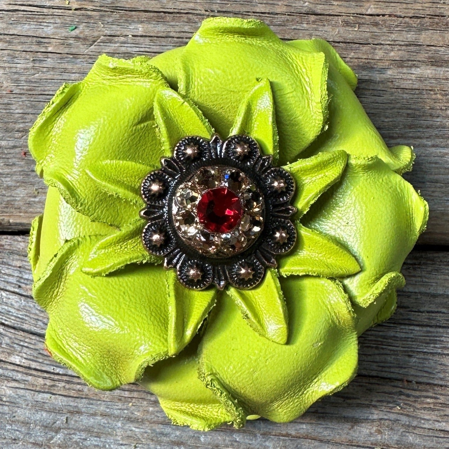 Neon Lime Gardenia Flower With Copper Ruby & Champagne 1