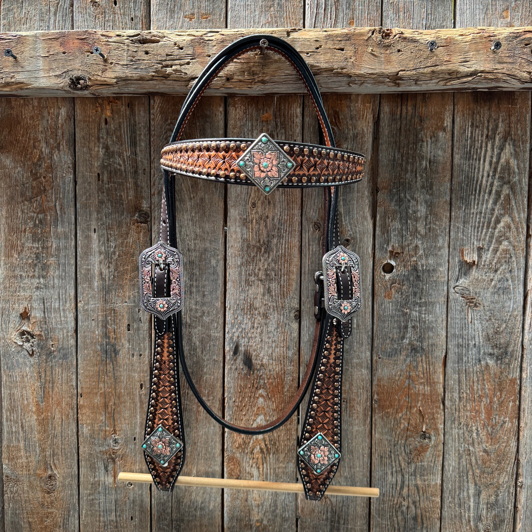 Two Tone Honeycomb Antique Silver and Copper Western Browband | One Ear Tack Set #BBBC513
