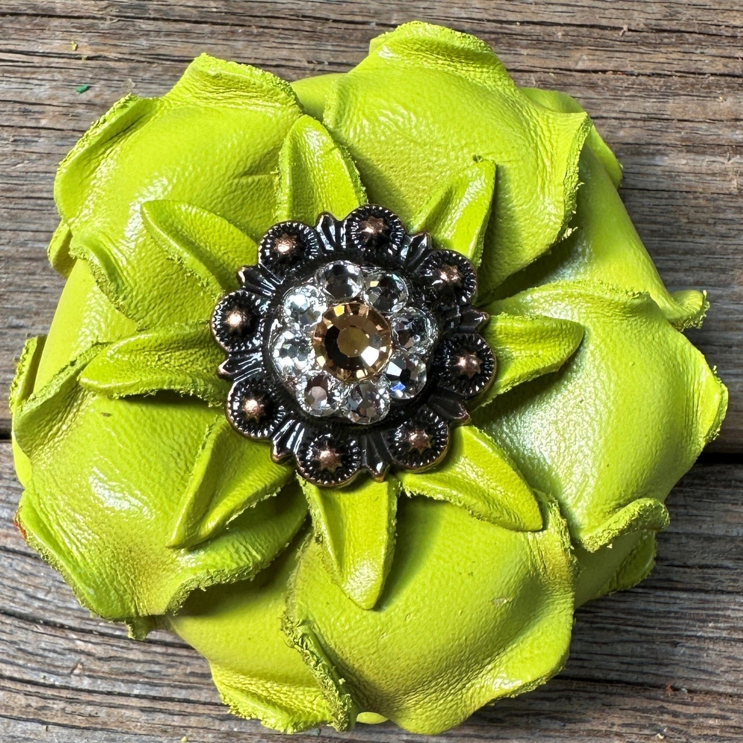 Neon Chartreuse  Yellow Gardenia Flower With Copper Champagne & Clear 1" Concho
