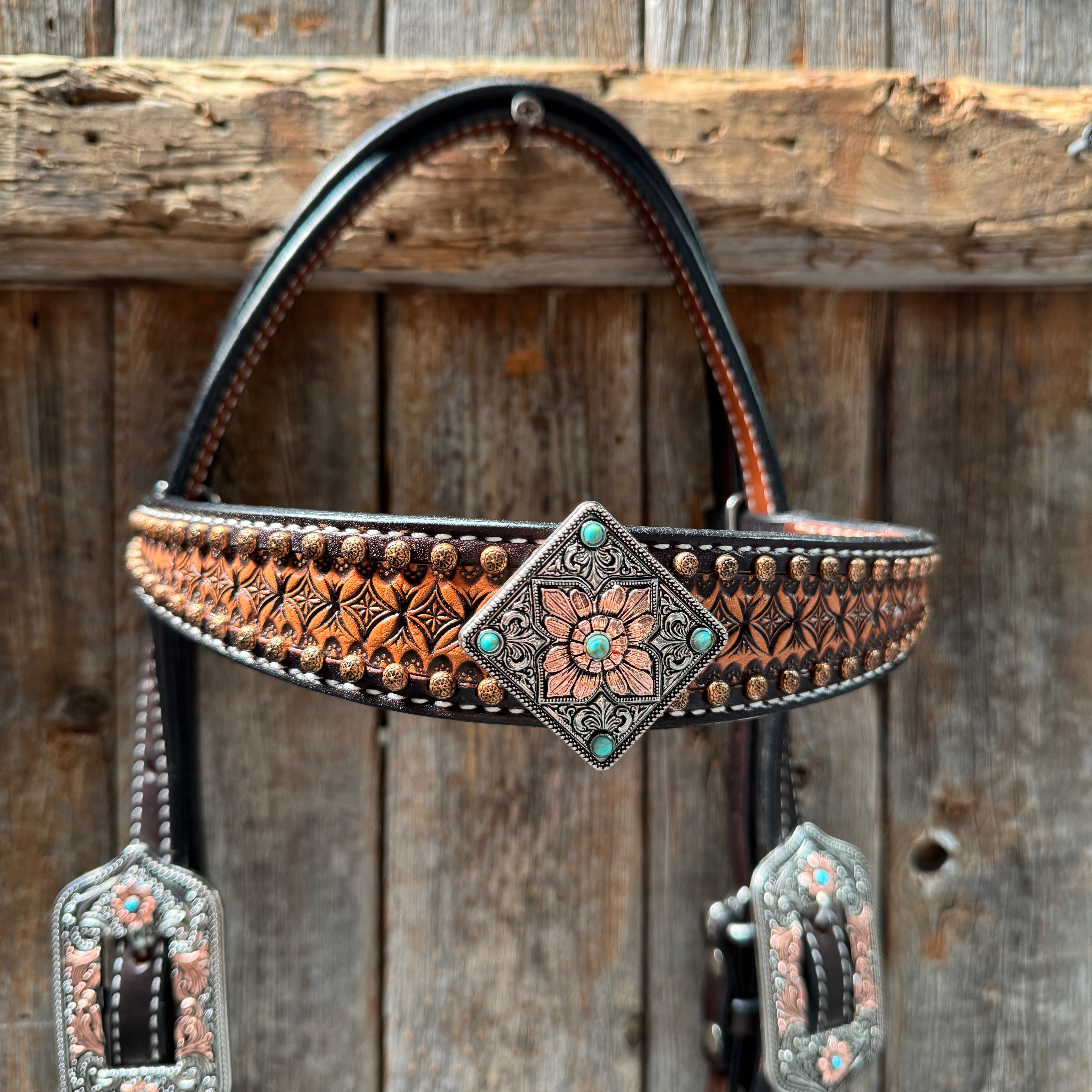 Two Tone Honeycomb Antique Silver and Copper Western Browband | One Ear Tack Set #BBBC513