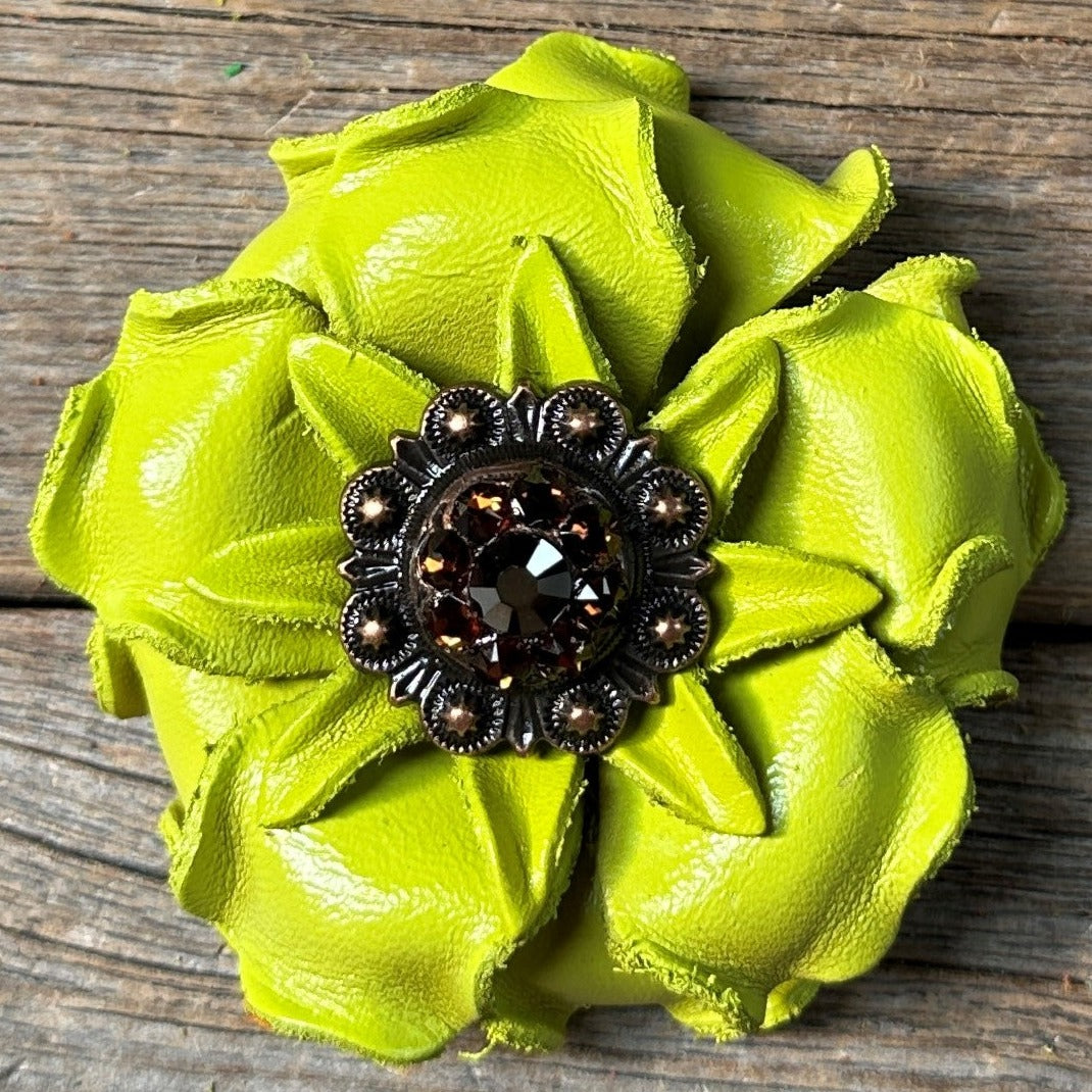 Neon Lime Gardenia Flower With Copper Jet & Topaz 1" Concho