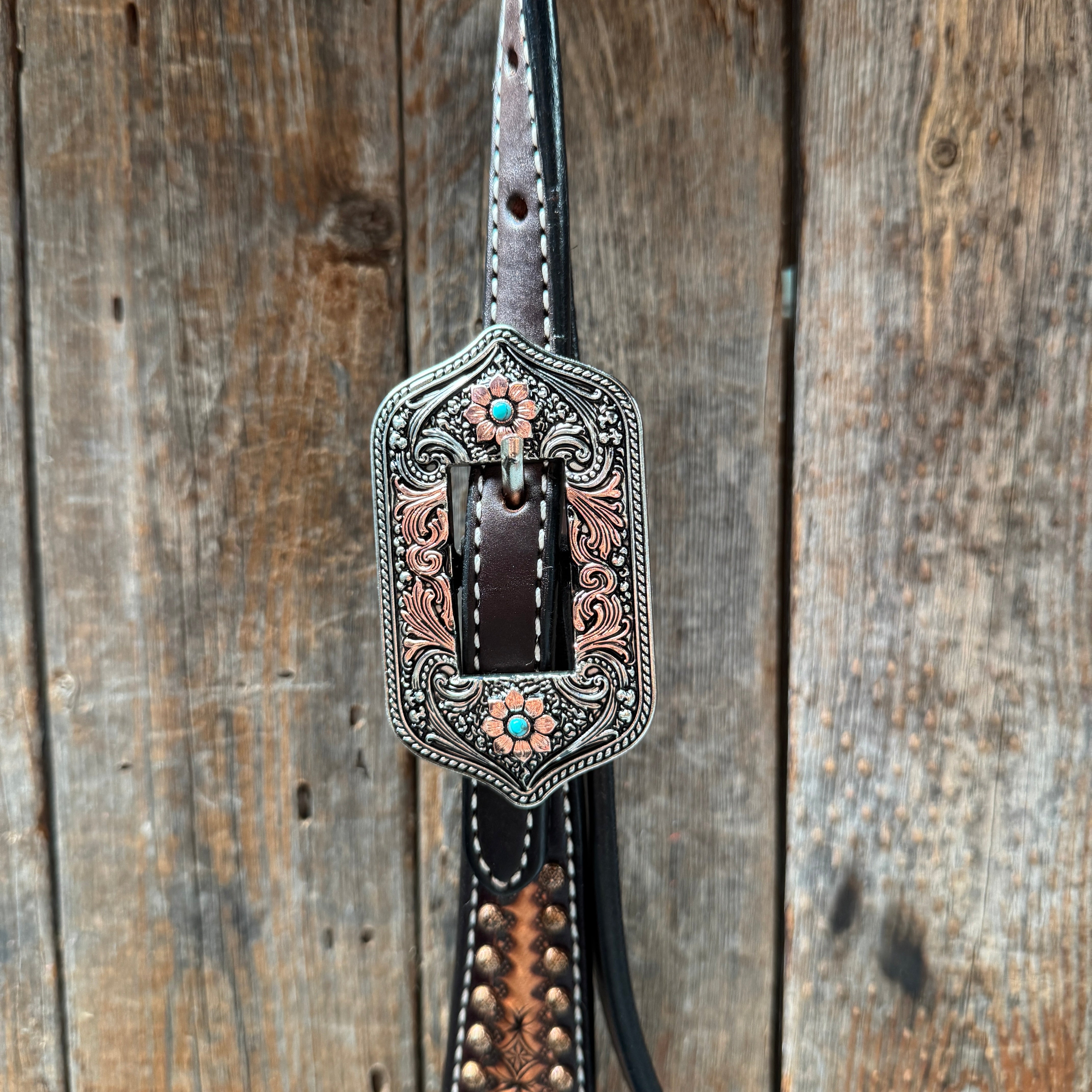 Two Tone Honeycomb Antique Silver and Copper Western Browband | One Ear Tack Set #BBBC513