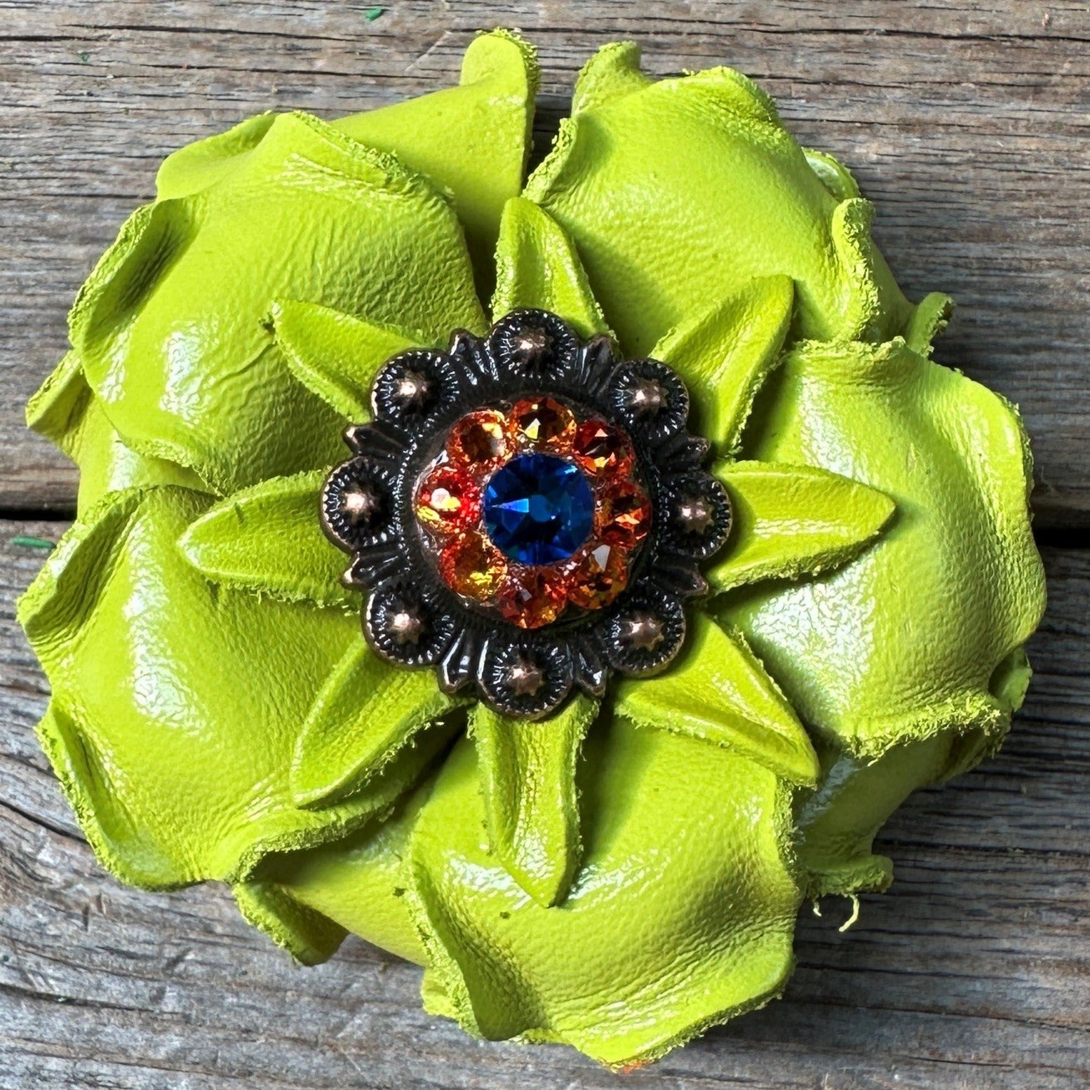 Neon Lime Gardenia Flower With Copper Capri & Fire Opal 1" Concho