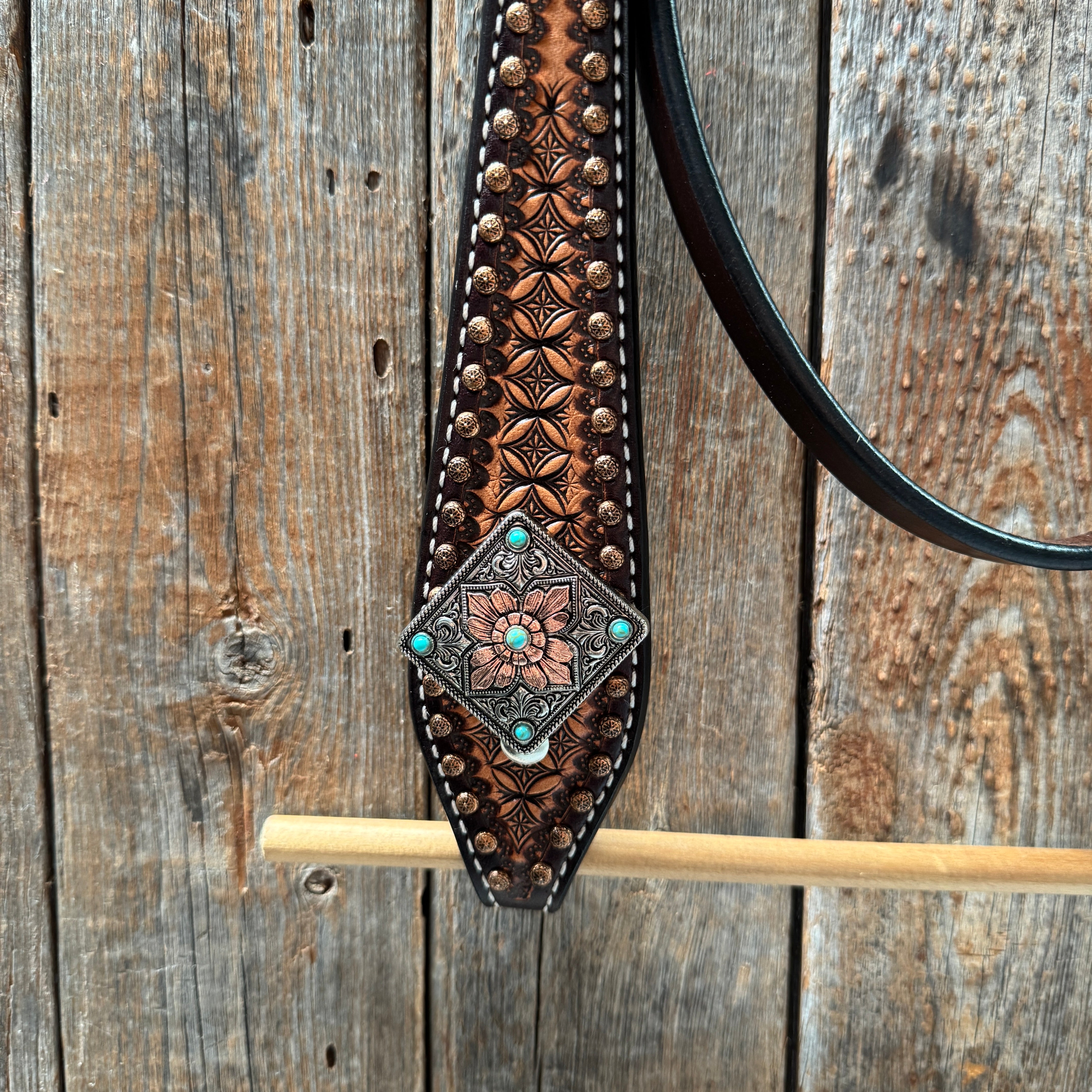 Two Tone Honeycomb Antique Silver and Copper Western Browband | One Ear Tack Set #BBBC513
