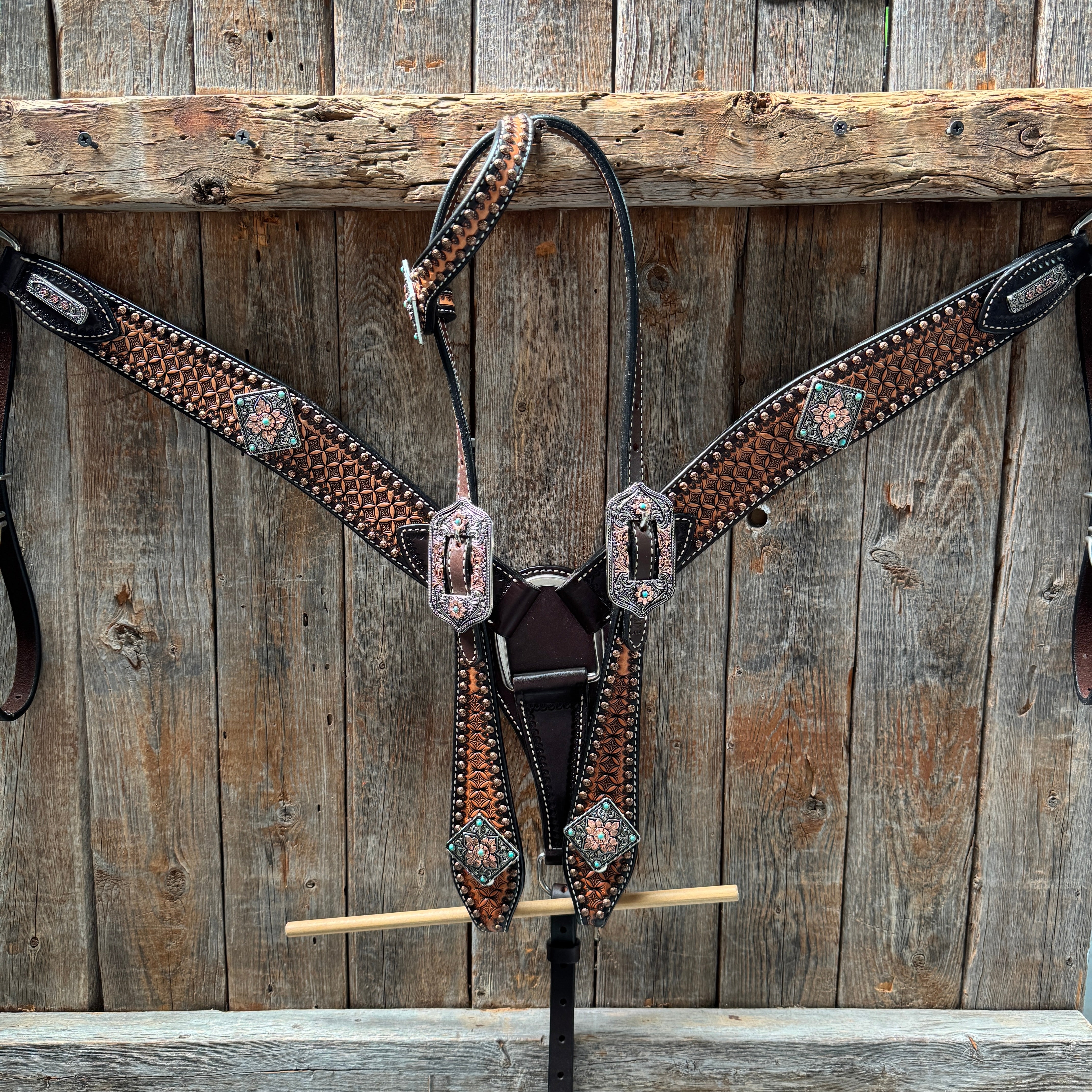 Two Tone Honeycomb Antique Silver and Copper Western Browband | One Ear Tack Set #BBBC513