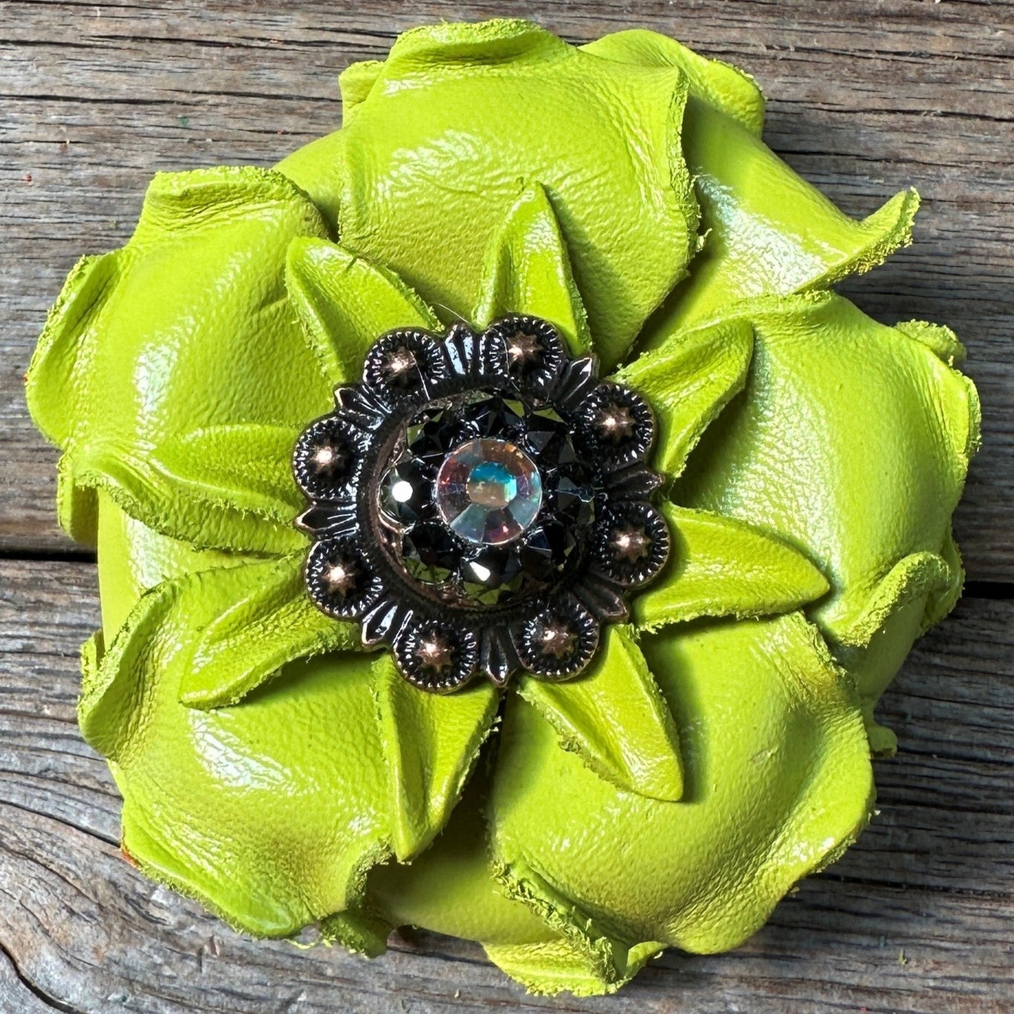 Neon Chartreuse Yellow Gardenia Flower With Copper AB & Jet 1" Concho