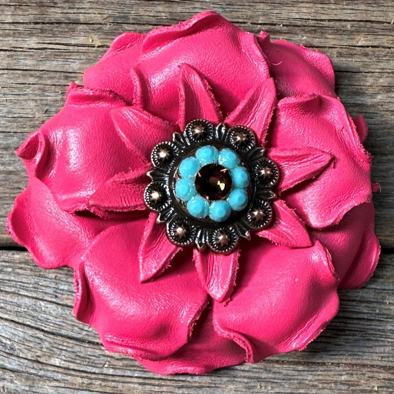 Neon Pink Gardenia Flower With Copper Topaz & Turquoise 1" Concho