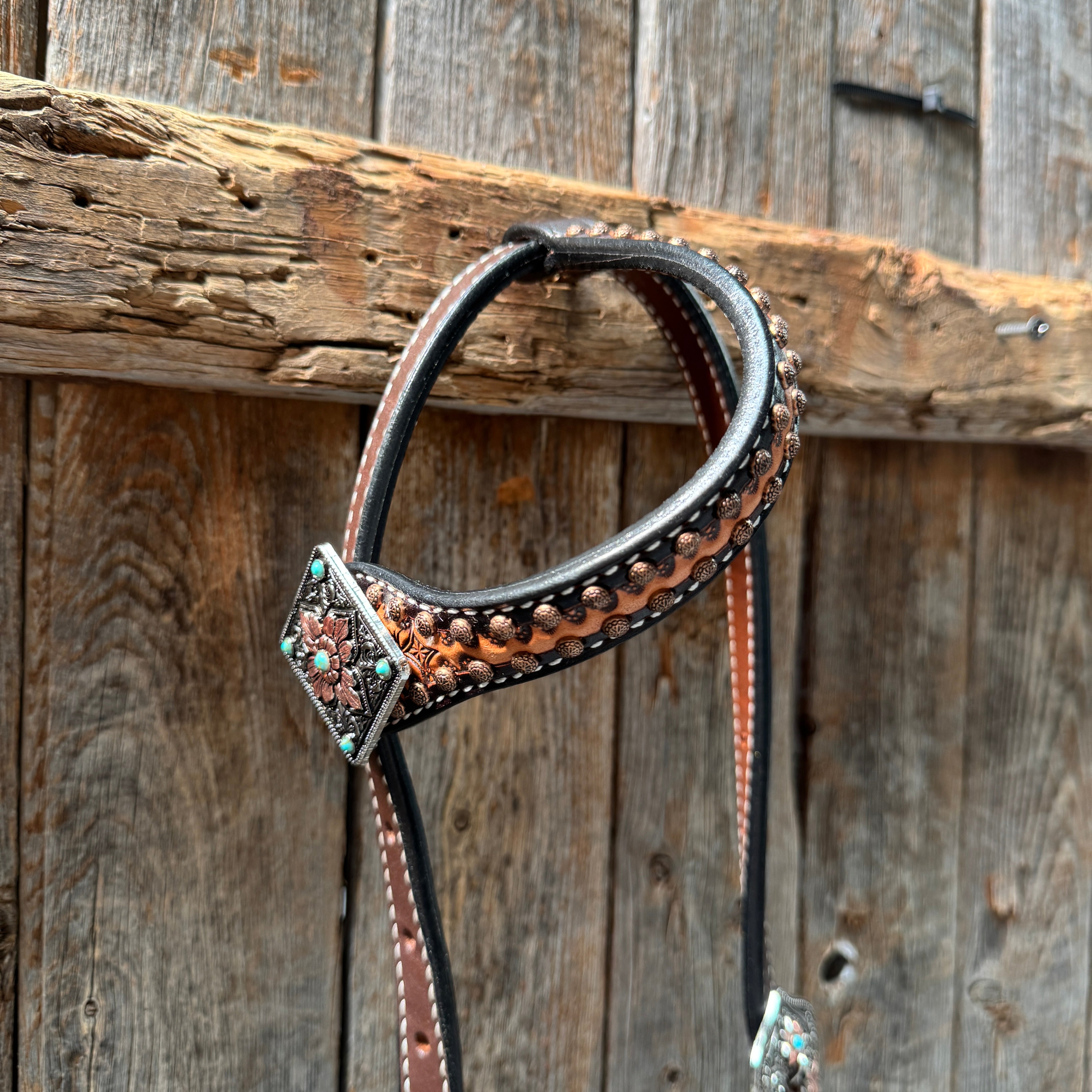 Two Tone Honeycomb Antique Silver and Copper Western Browband | One Ear Tack Set #BBBC513