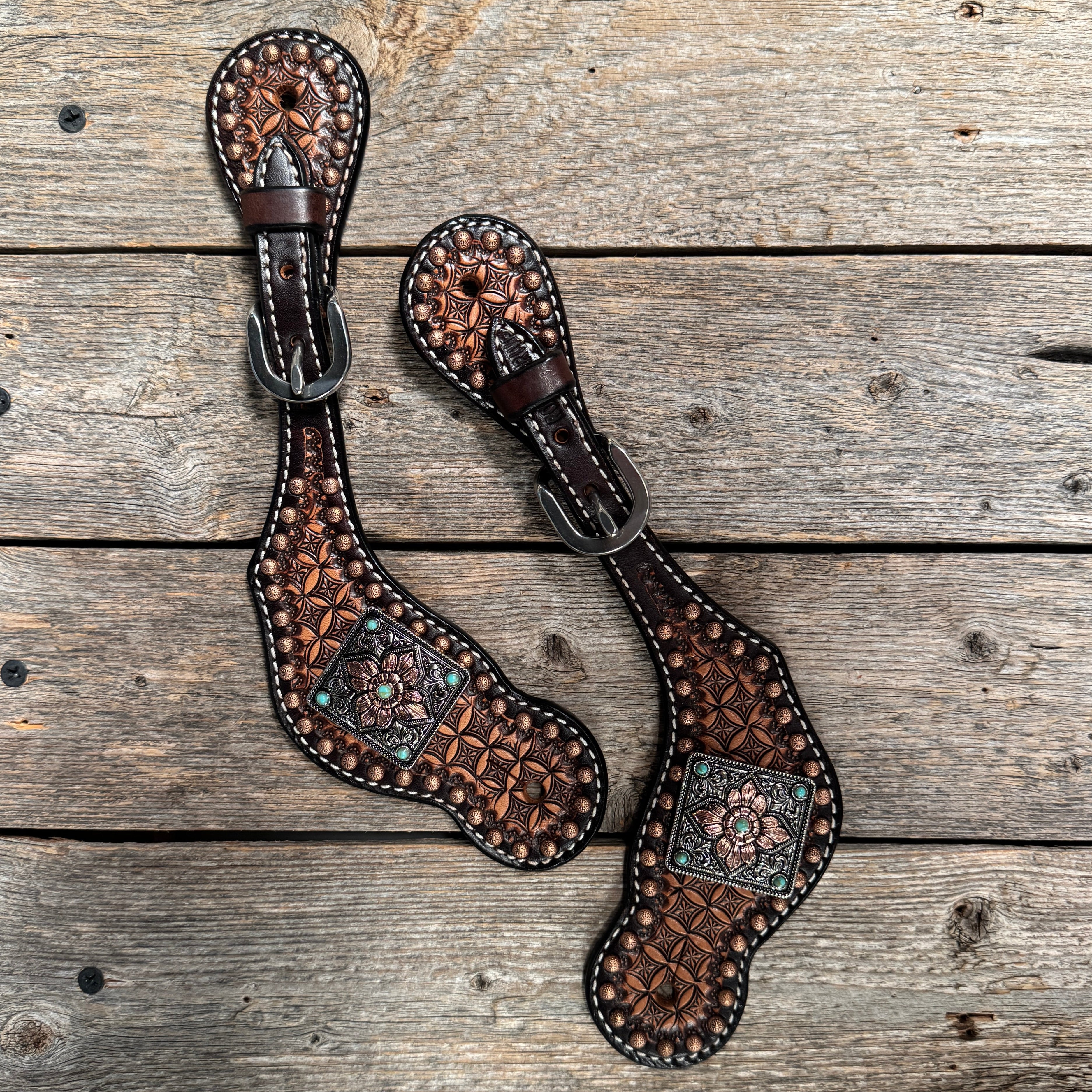 Two Tone Honeycomb Spur Straps | Antique Silver and Copper Conchos #SS143
