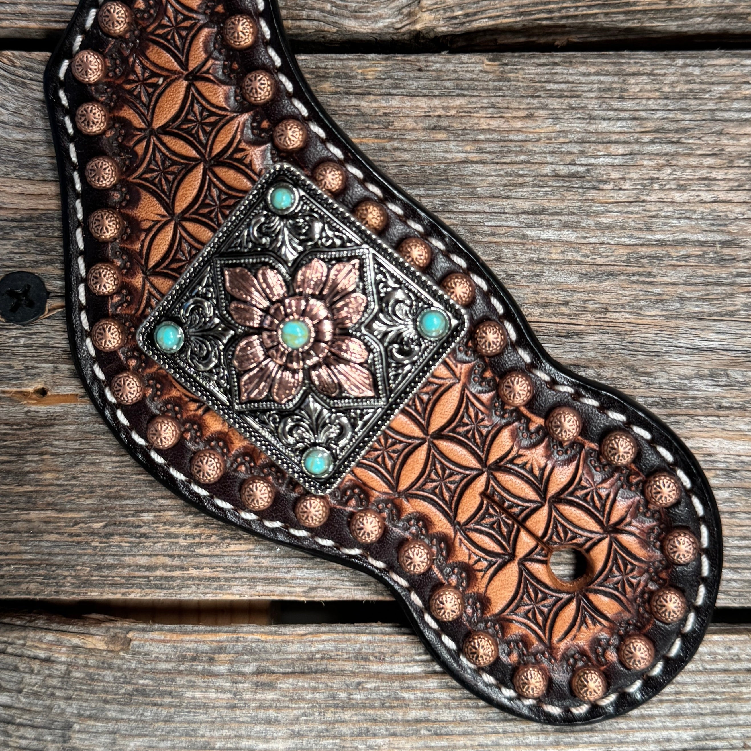 Two Tone Honeycomb Spur Straps | Antique Silver and Copper Conchos #SS143