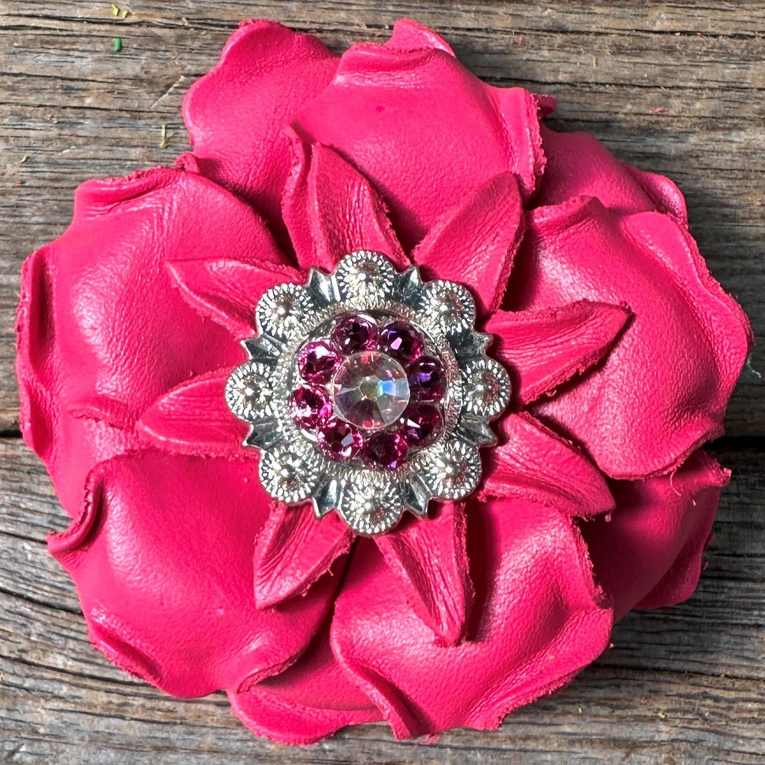 Neon Pink Gardenia Flower With Bright Silver Pink & AB 1" Concho