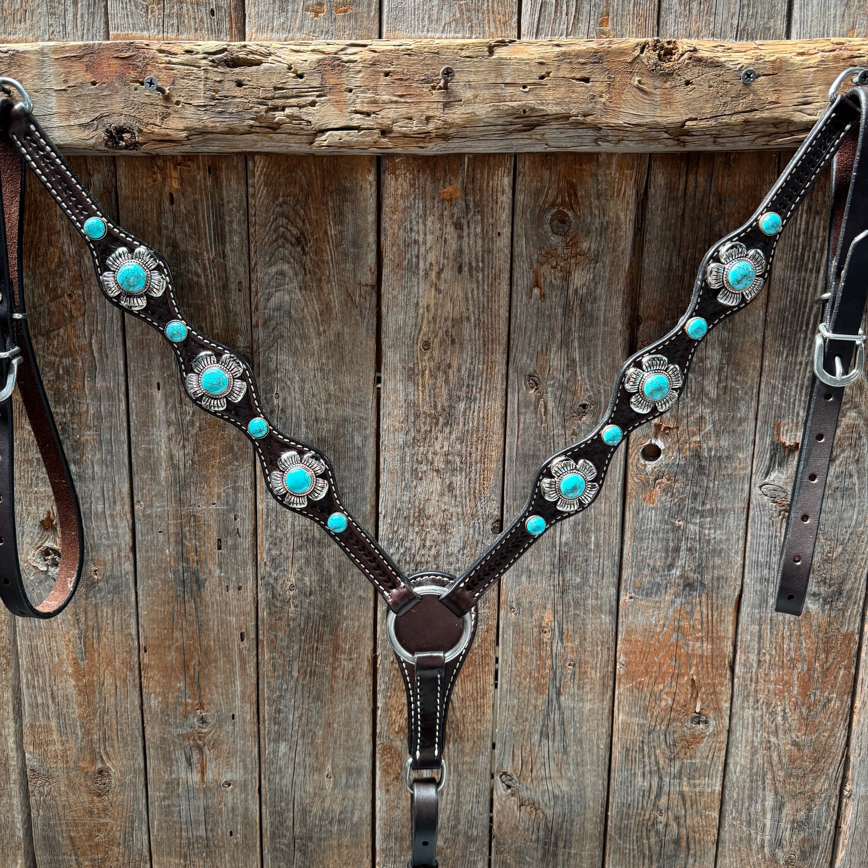 Dark Oil Basketweave Turquoise Flower Browband | One Ear Tack Set #BBBC510