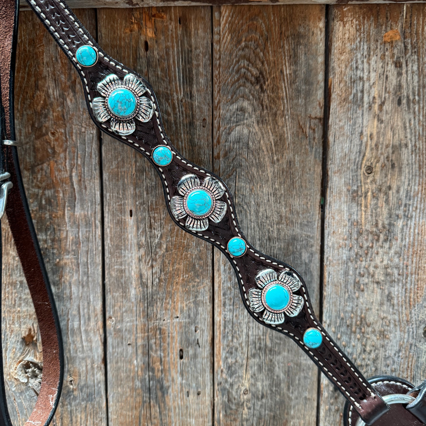 Dark Oil Basketweave Turquoise Flower Browband | One Ear Tack Set #BBBC510