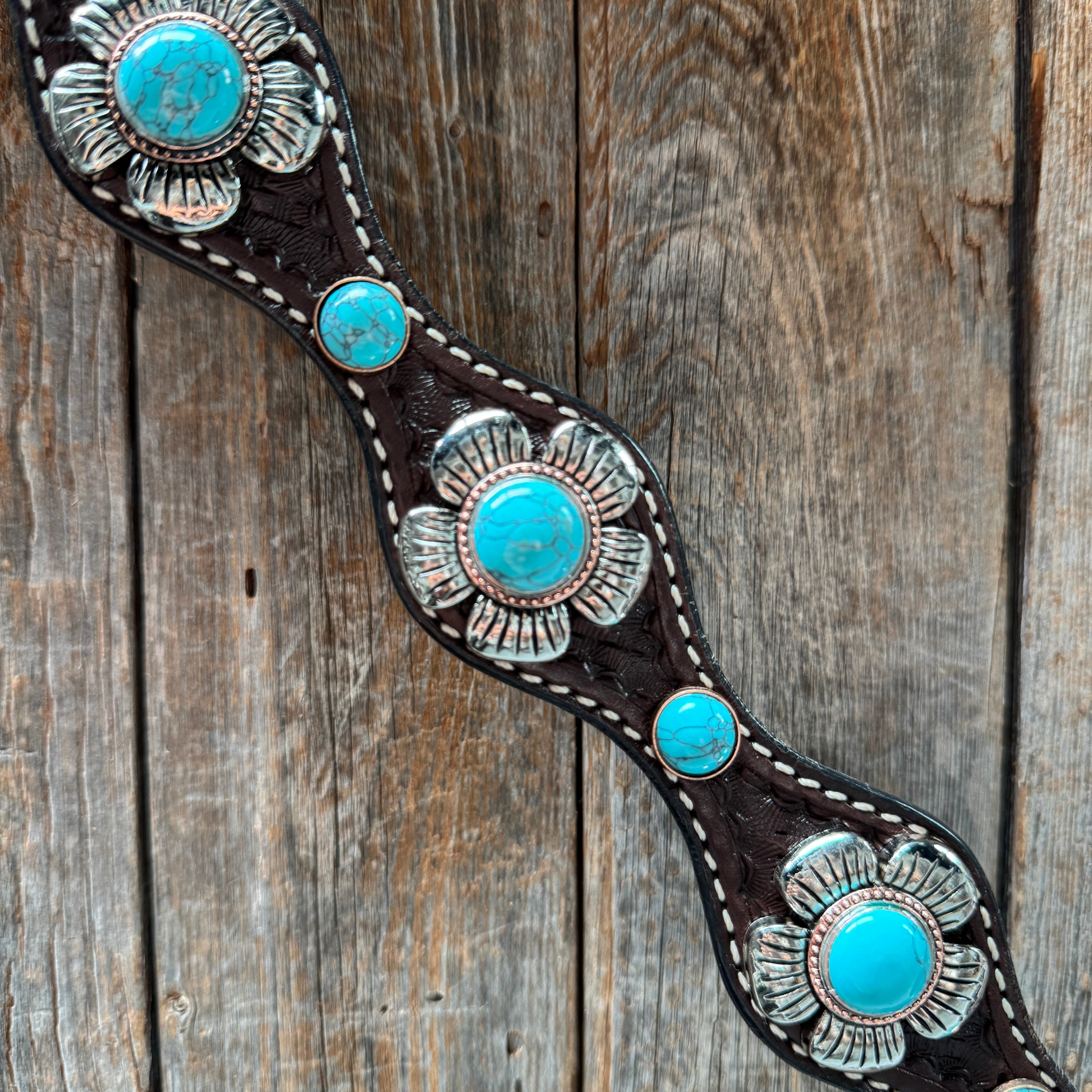 Dark Oil Basketweave Turquoise Flower Browband | One Ear Tack Set #BBBC510