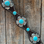 Dark Oil Basketweave Turquoise Flower Browband | One Ear Tack Set #BBBC510