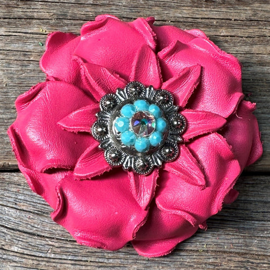 Neon Pink Gardenia Flower With Antique Silver Turquoise & AB 1" Concho