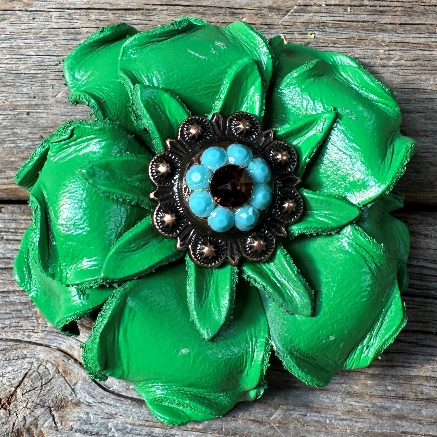 Neon Green Gardenia Flower With Copper Topaz & Turquoise 1" Concho