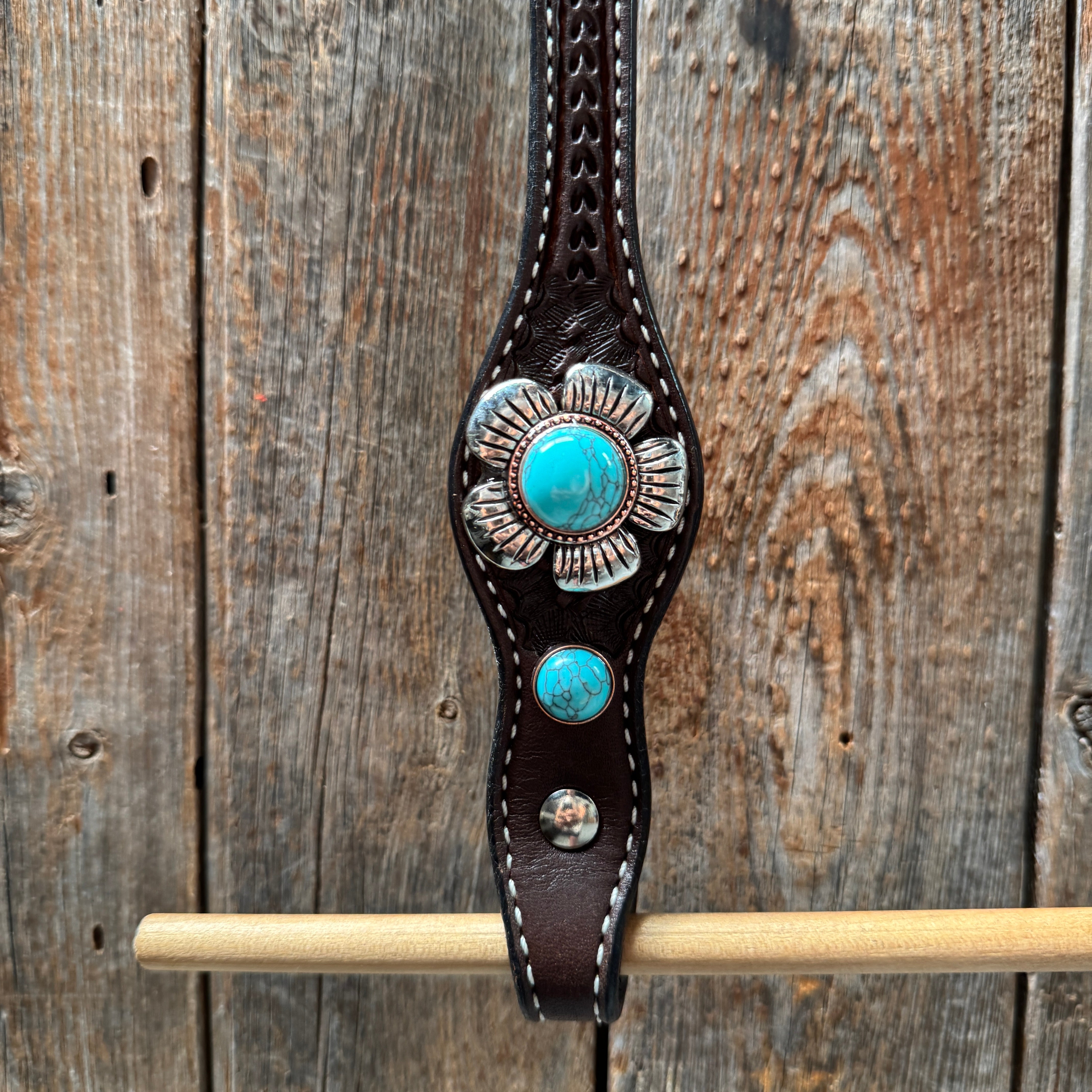 Dark Oil Basketweave Turquoise Flower Browband | One Ear Tack Set #BBBC510