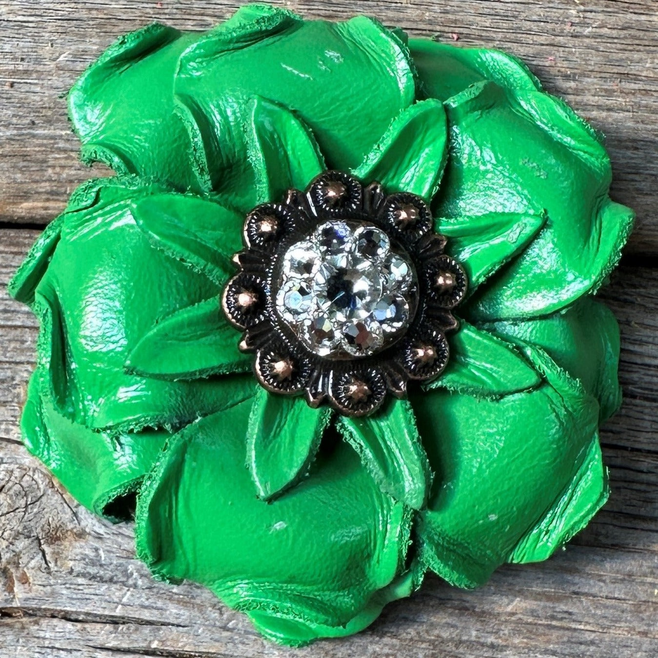 Neon Green Gardenia Flower With Copper Clear 1" Concho