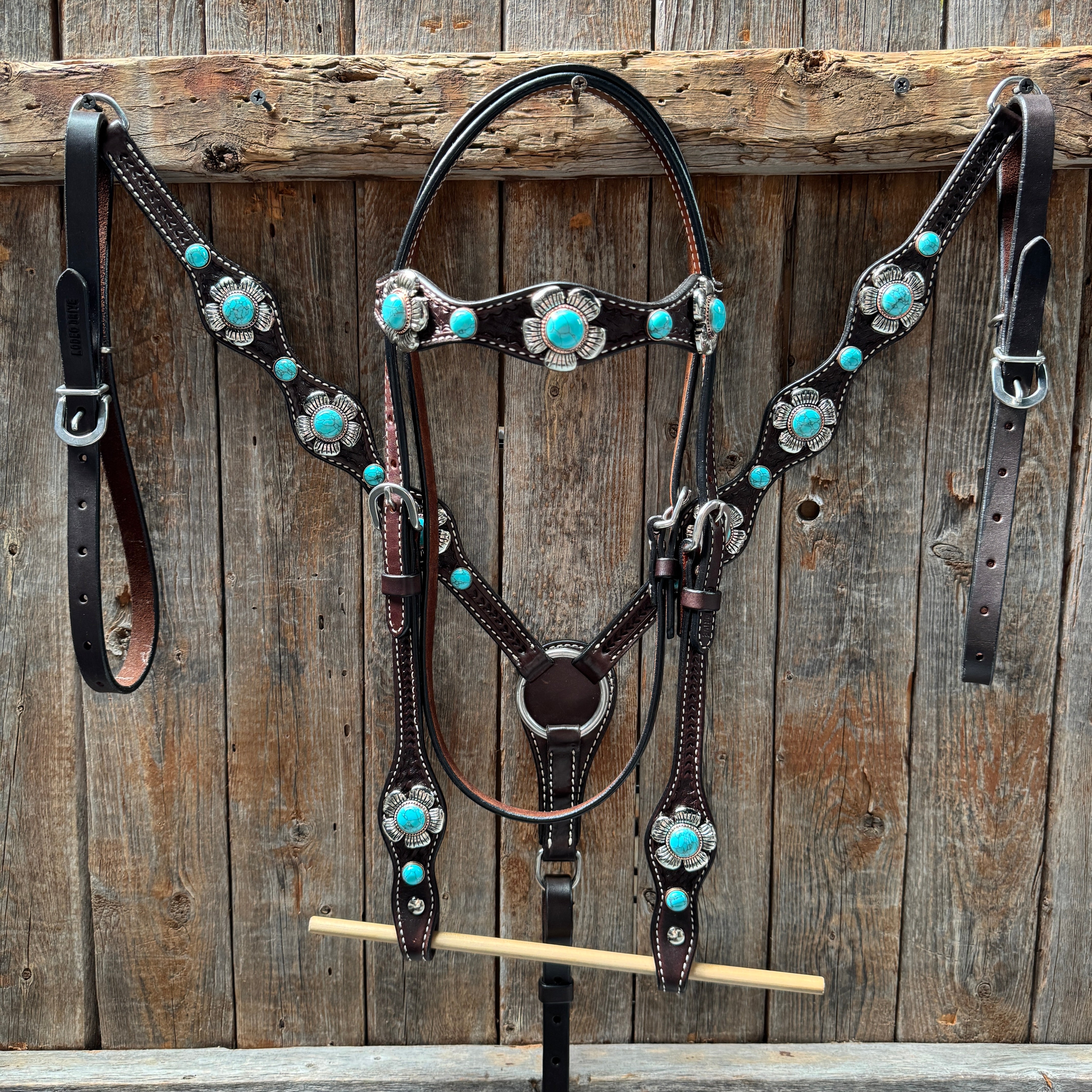 Dark Oil Basketweave Turquoise Flower Browband | One Ear Tack Set #BBBC510