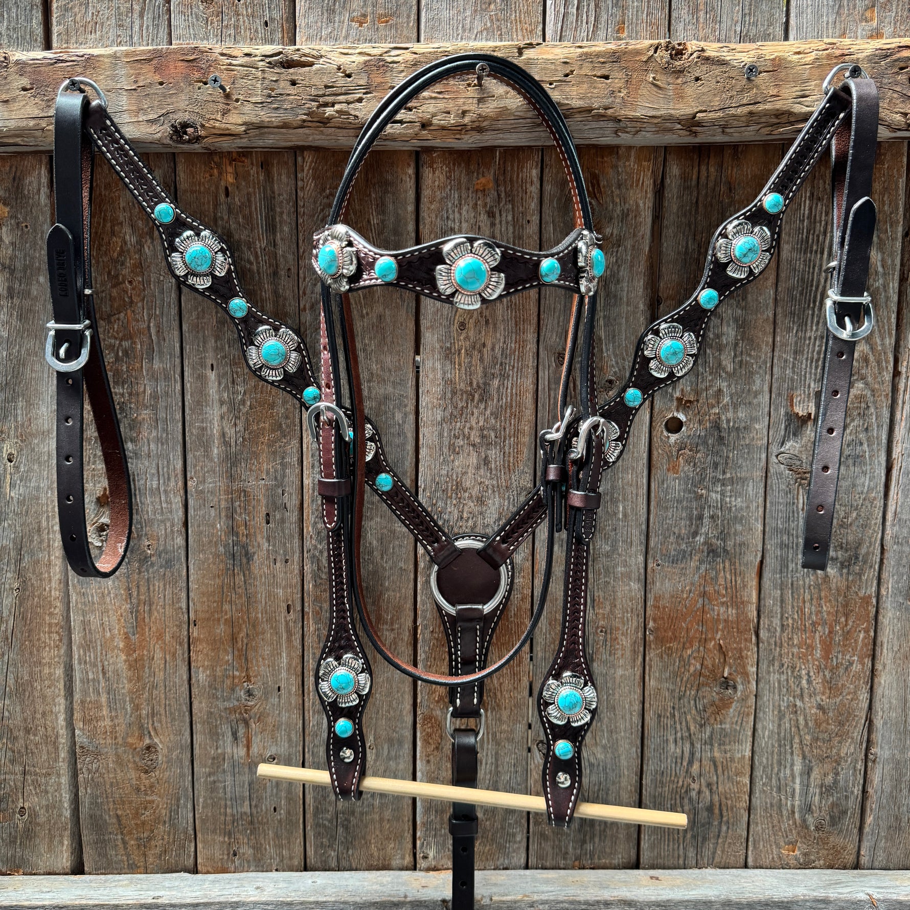 Dark Oil Basketweave Turquoise Flower Browband | One Ear Tack Set #BBBC510