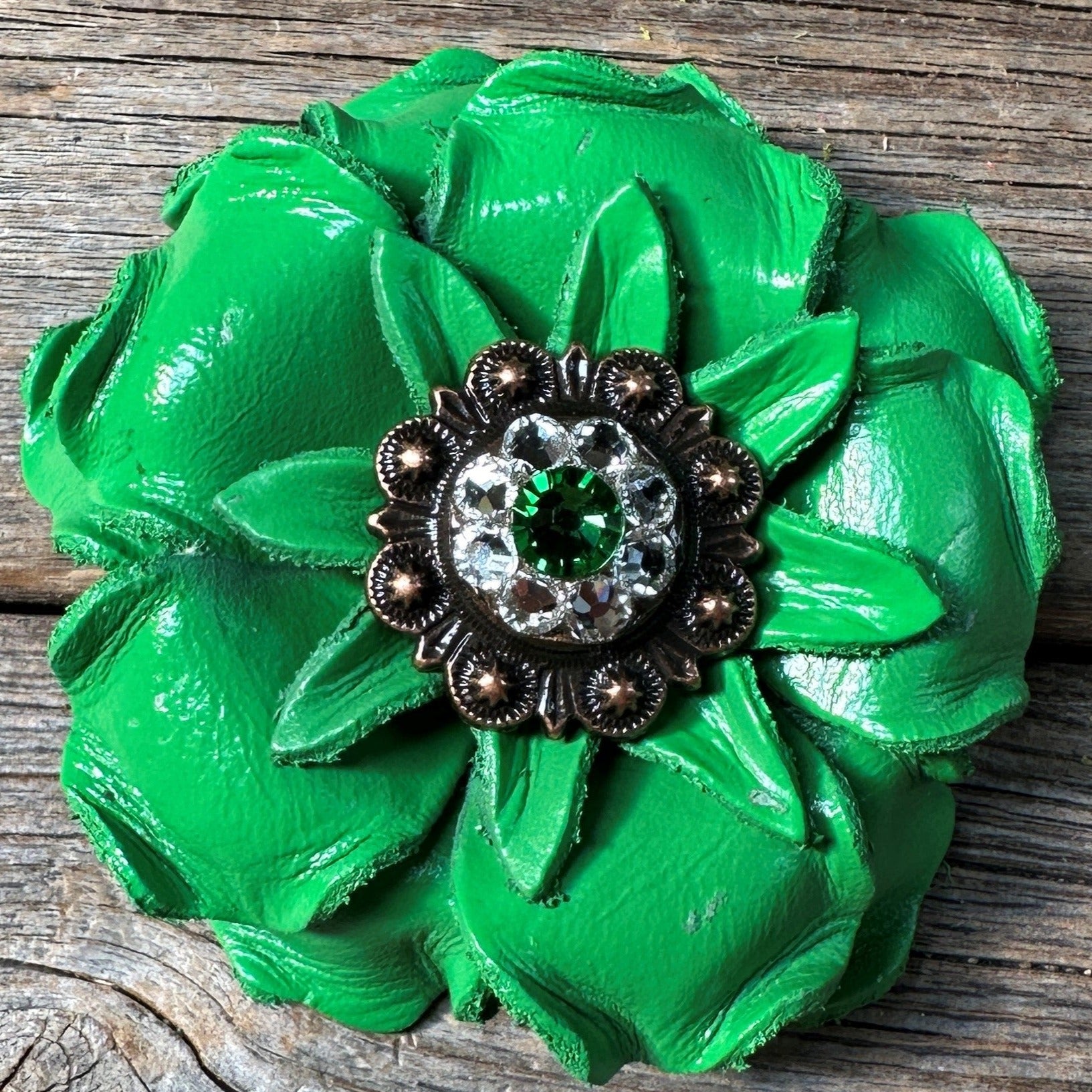 Neon Green Gardenia Flower With Copper Fern & Clear 1" Concho