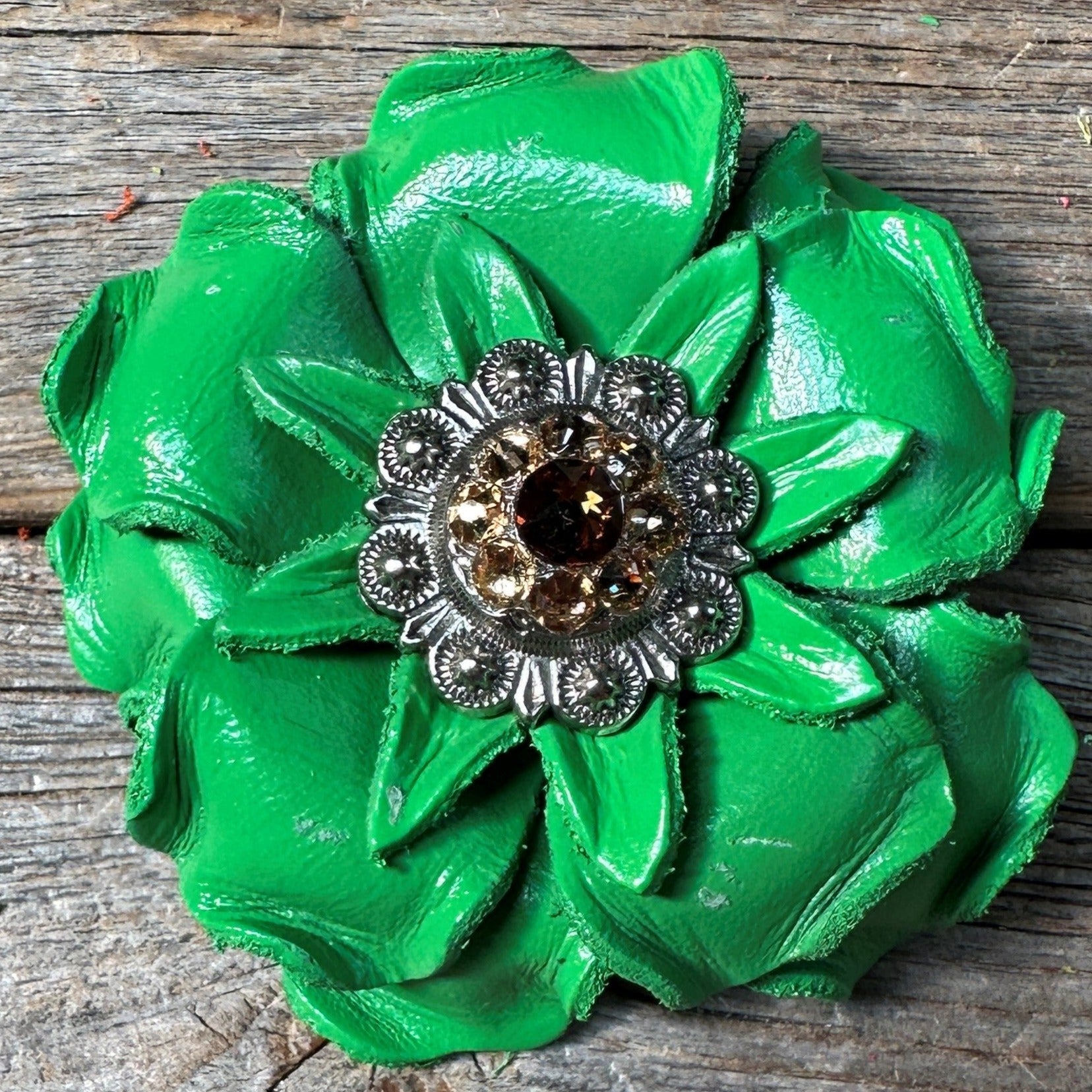 Neon Green Gardenia Flower With Antique Silver Topaz & Champagne 1