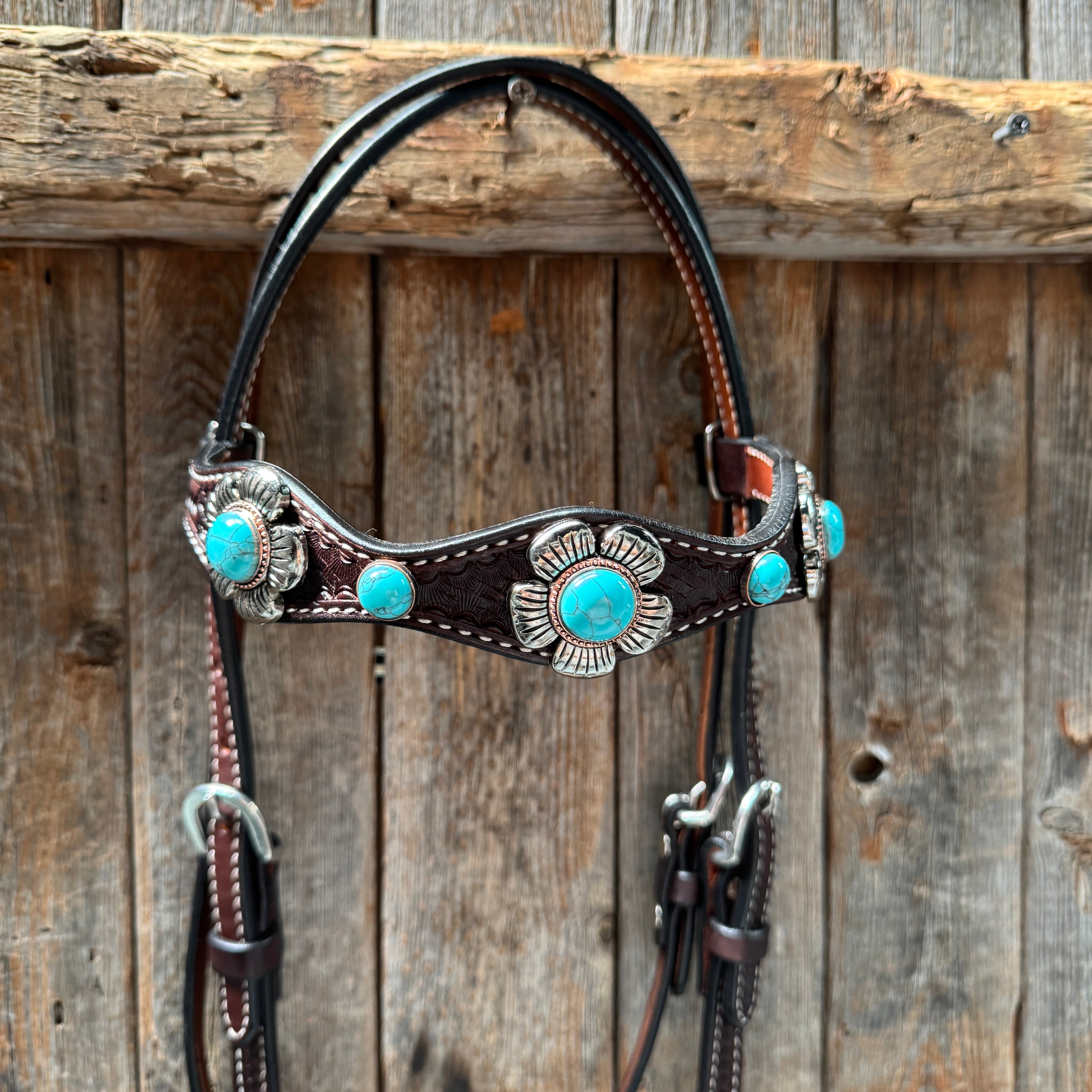 Dark Oil Basketweave Turquoise Flower Browband | One Ear Tack Set #BBBC510