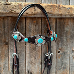 Dark Oil Basketweave Turquoise Flower Browband | One Ear Tack Set #BBBC510