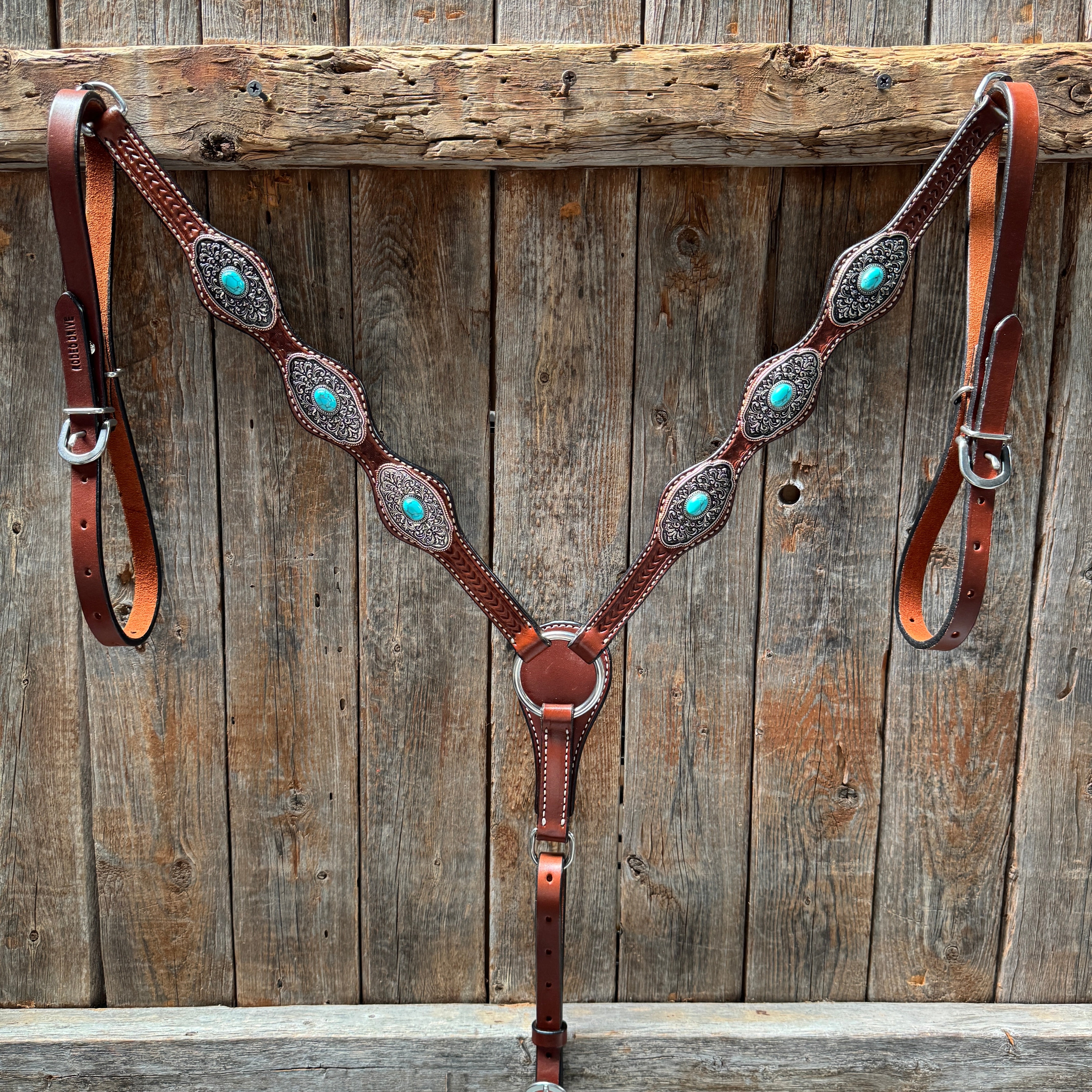 Medium Oil Basketweave Oblong Turquoise Browband | One Ear Tack Set #BBBC504