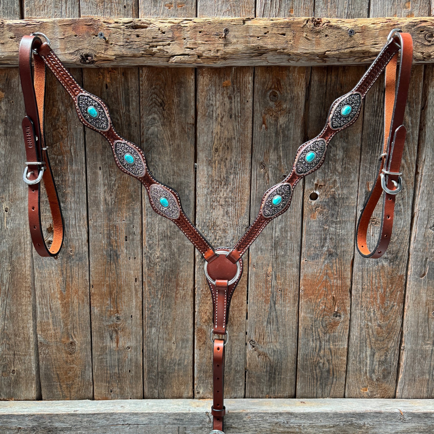 Medium Oil Basketweave Oblong Turquoise Browband | One Ear Tack Set #BBBC504