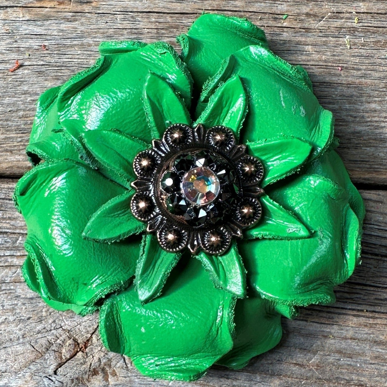 Neon Green Gardenia Flower With Copper AB & Jet 1