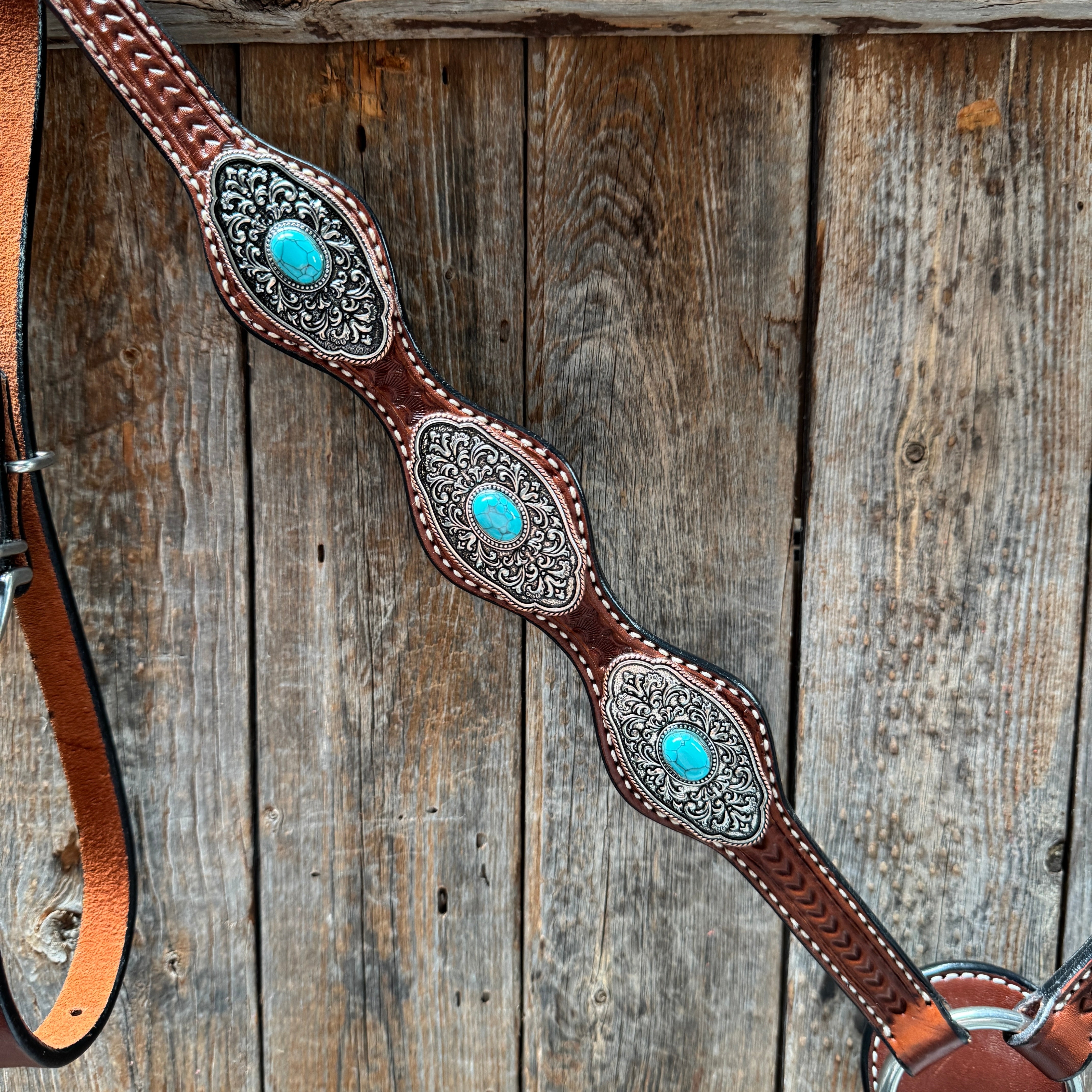 Medium Oil Basketweave Oblong Turquoise Browband | One Ear Tack Set #BBBC504