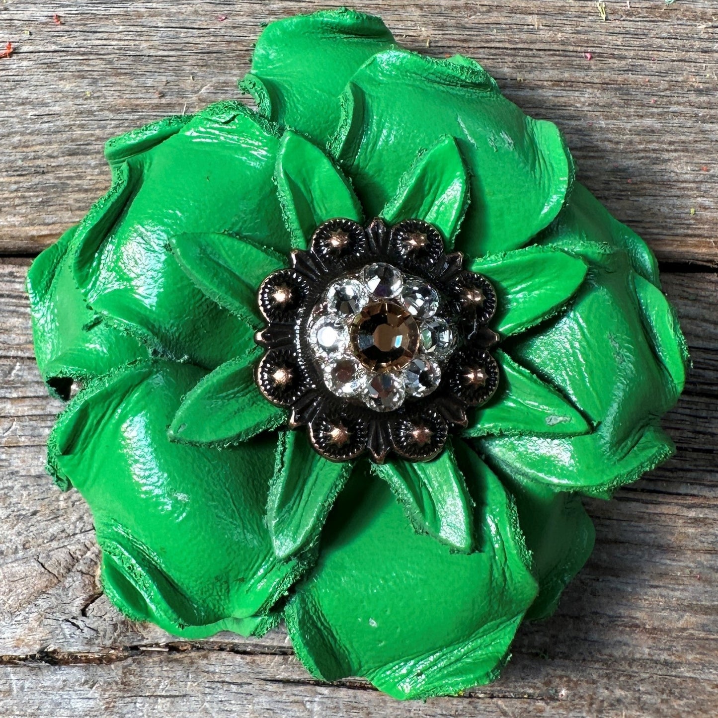 Neon Green Gardenia Flower With Copper Champagne & Clear 1" Concho