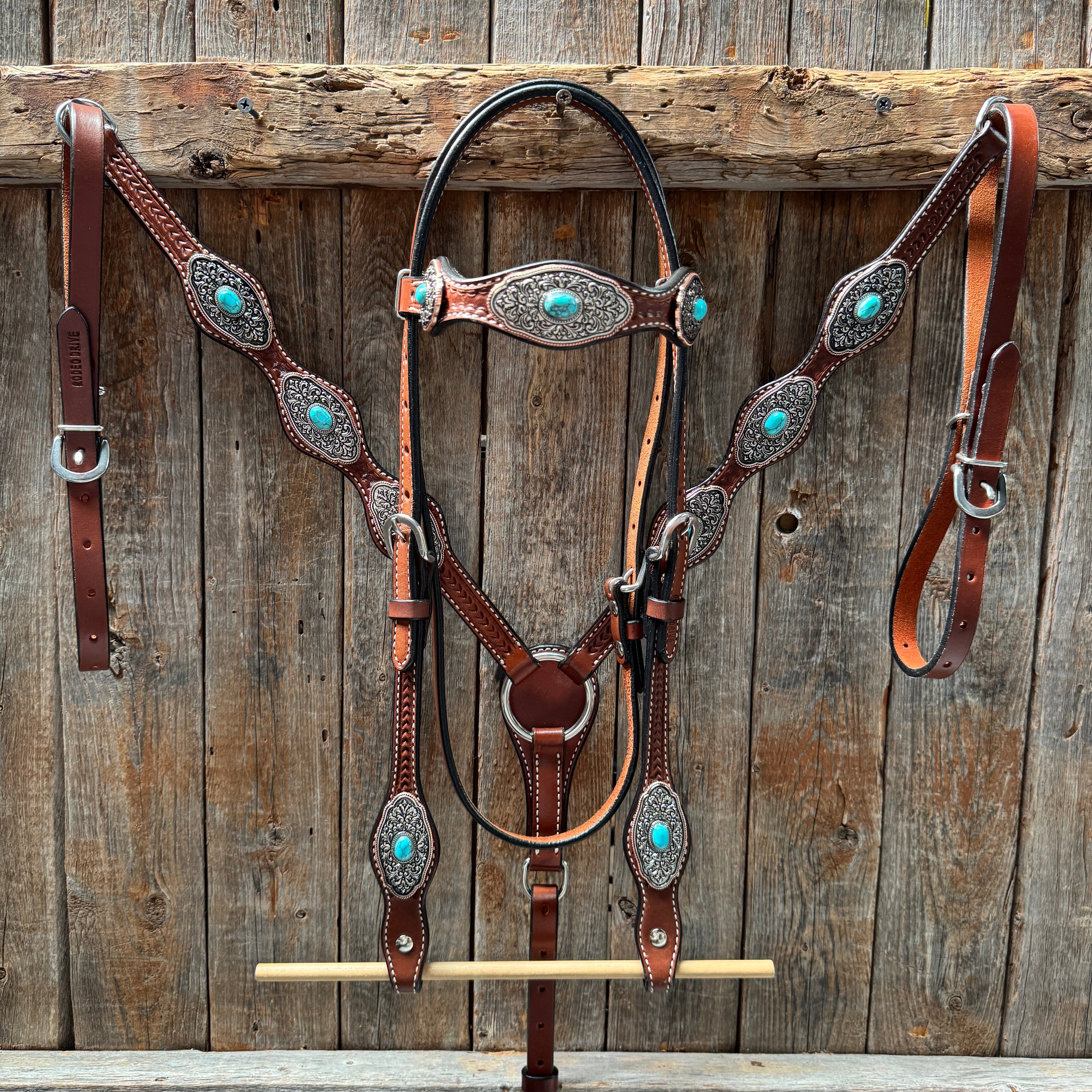Medium Oil Basketweave Oblong Turquoise Browband | One Ear Tack Set #BBBC504