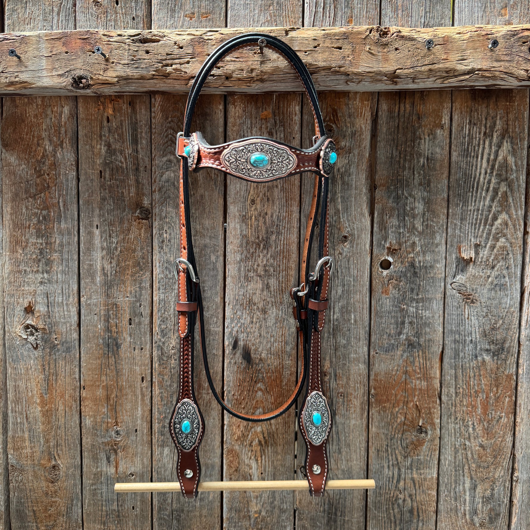 Medium Oil Basketweave Oblong Turquoise Browband | One Ear Tack Set #BBBC504
