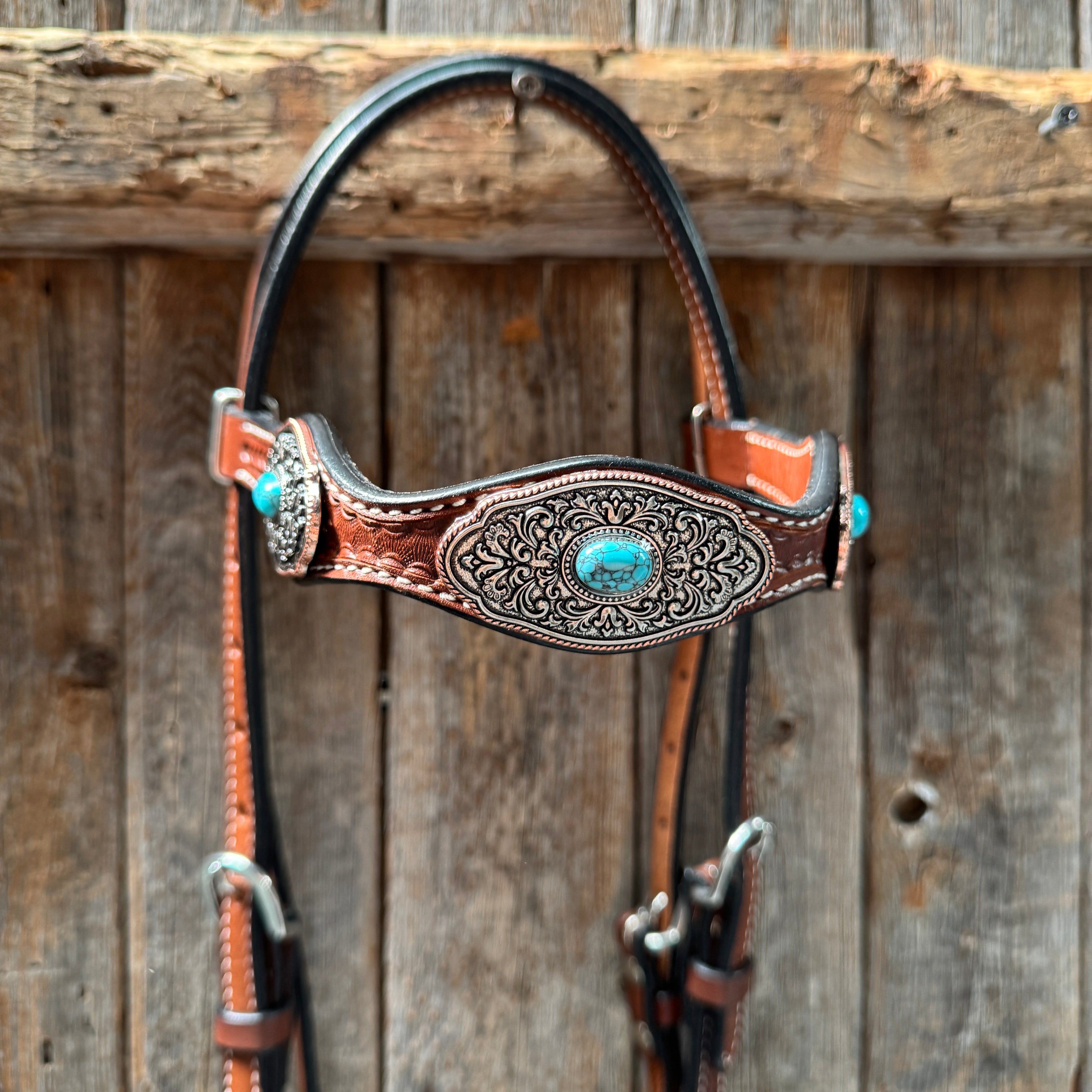 Medium Oil Basketweave Oblong Turquoise Browband | One Ear Tack Set #BBBC504