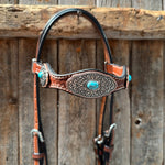 Medium Oil Basketweave Oblong Turquoise Browband | One Ear Tack Set #BBBC504