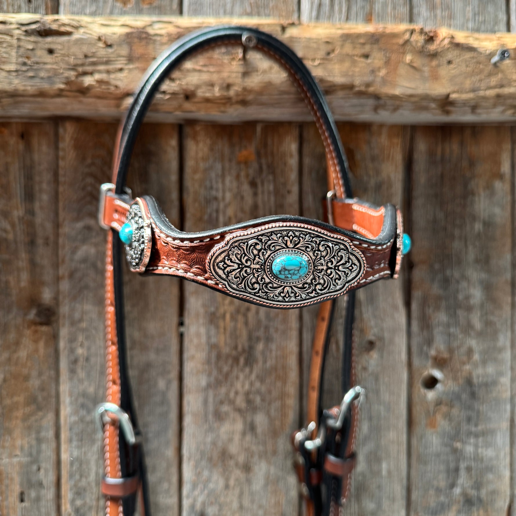 Medium Oil Basketweave Oblong Turquoise Browband | One Ear Tack Set #BBBC504
