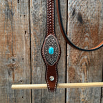 Medium Oil Basketweave Oblong Turquoise Browband | One Ear Tack Set #BBBC504