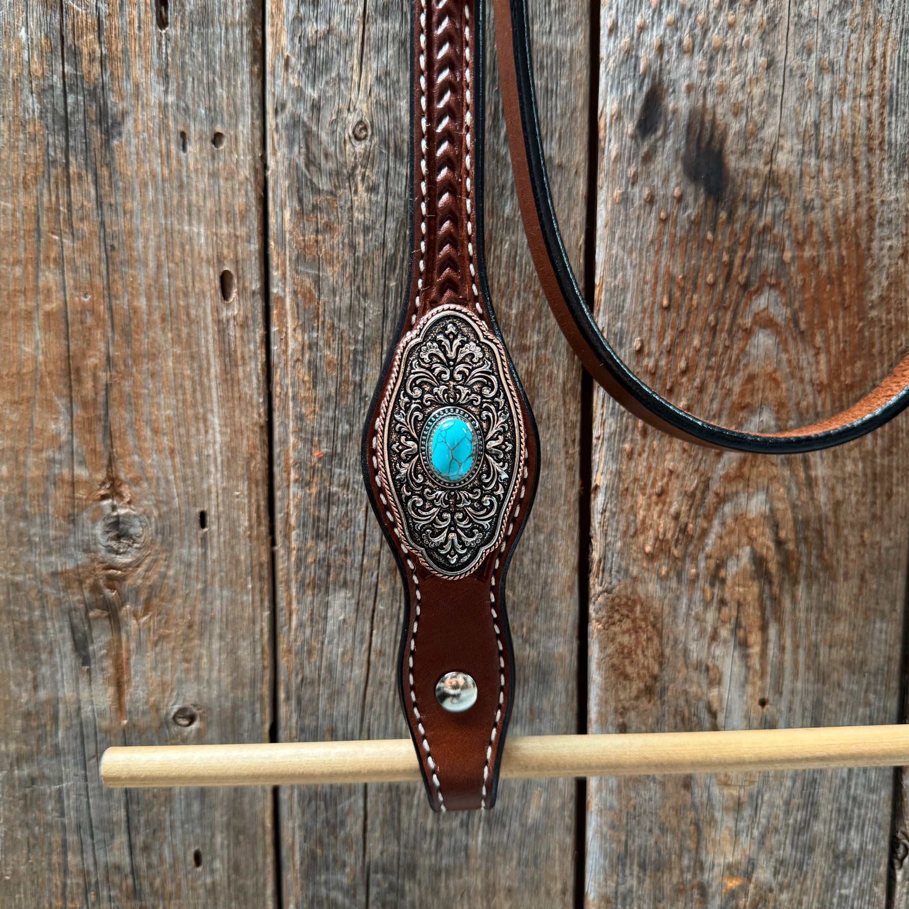 Medium Oil Basketweave Oblong Turquoise Browband | One Ear Tack Set #BBBC504