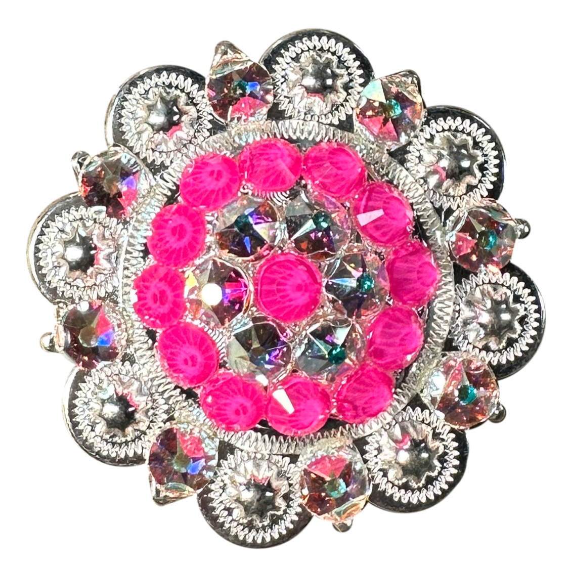 Neon Pink and AB  Bright Silver 2" European Crystal Concho