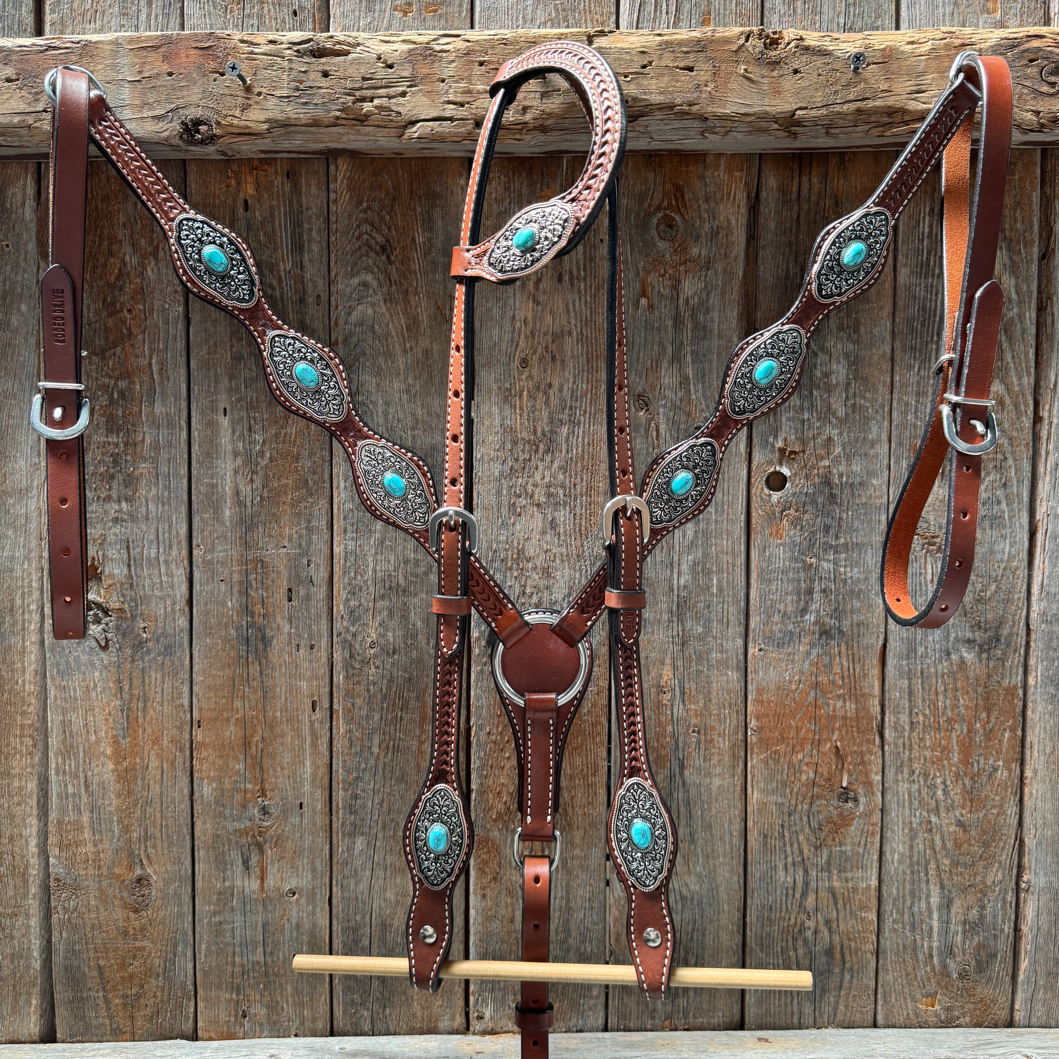 Medium Oil Basketweave Oblong Turquoise Browband | One Ear Tack Set #BBBC504