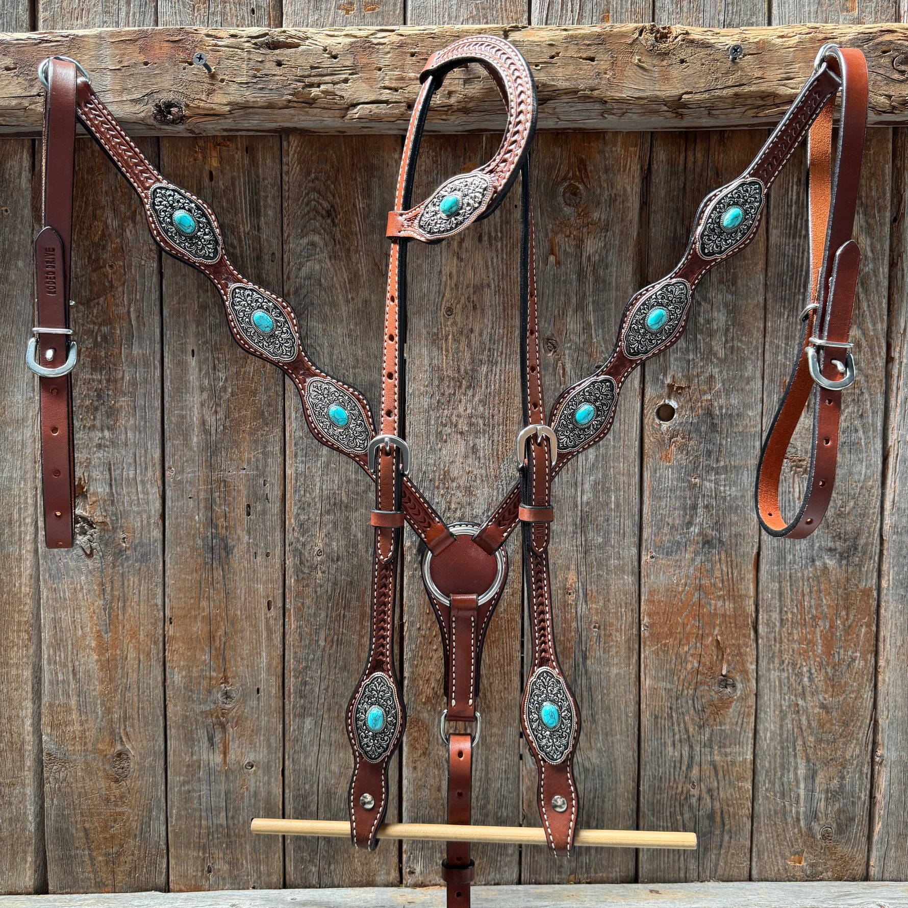 Medium Oil Basketweave Oblong Turquoise Browband | One Ear Tack Set #BBBC504