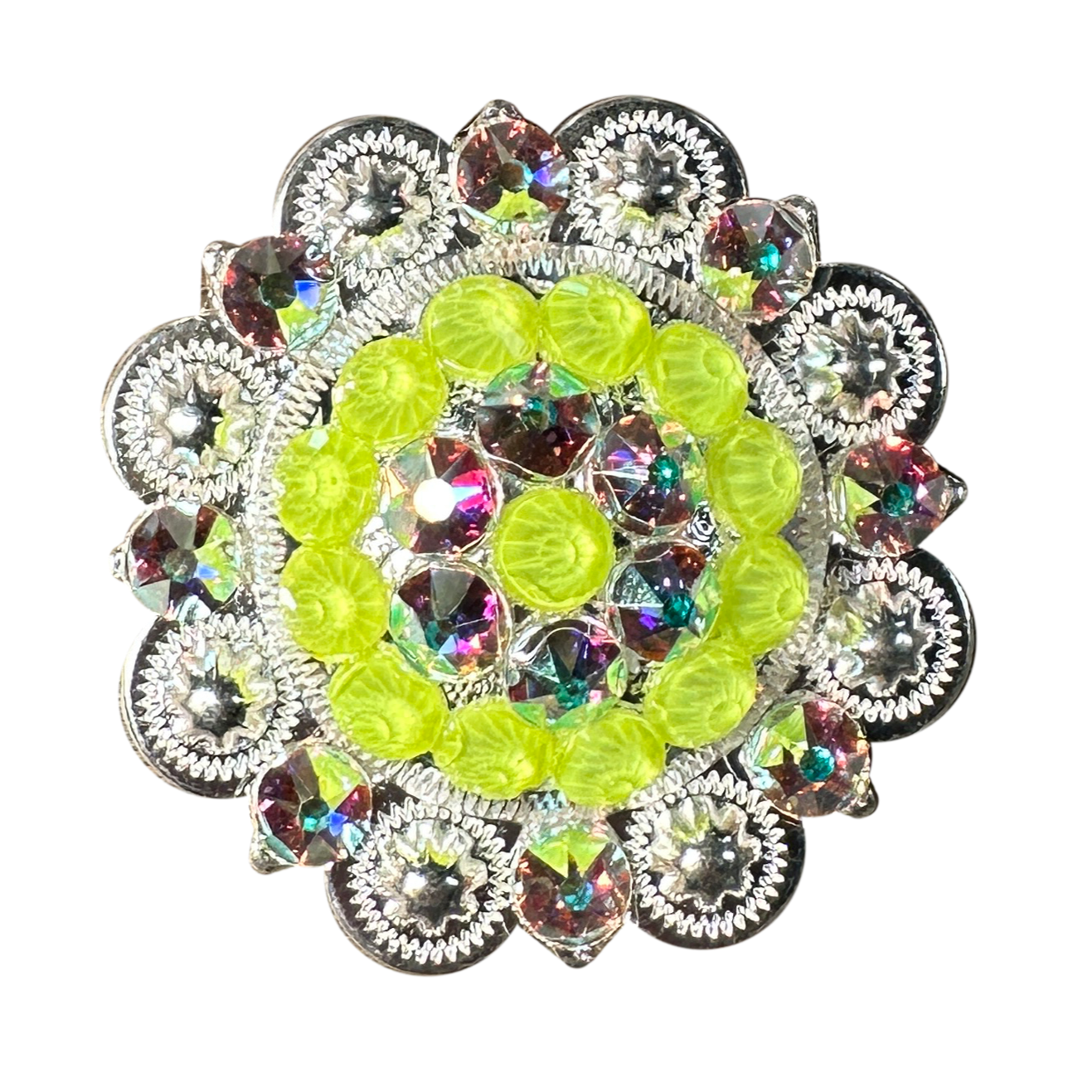 Neon Yellow and AB  Bright Silver 2" European Crystal Concho