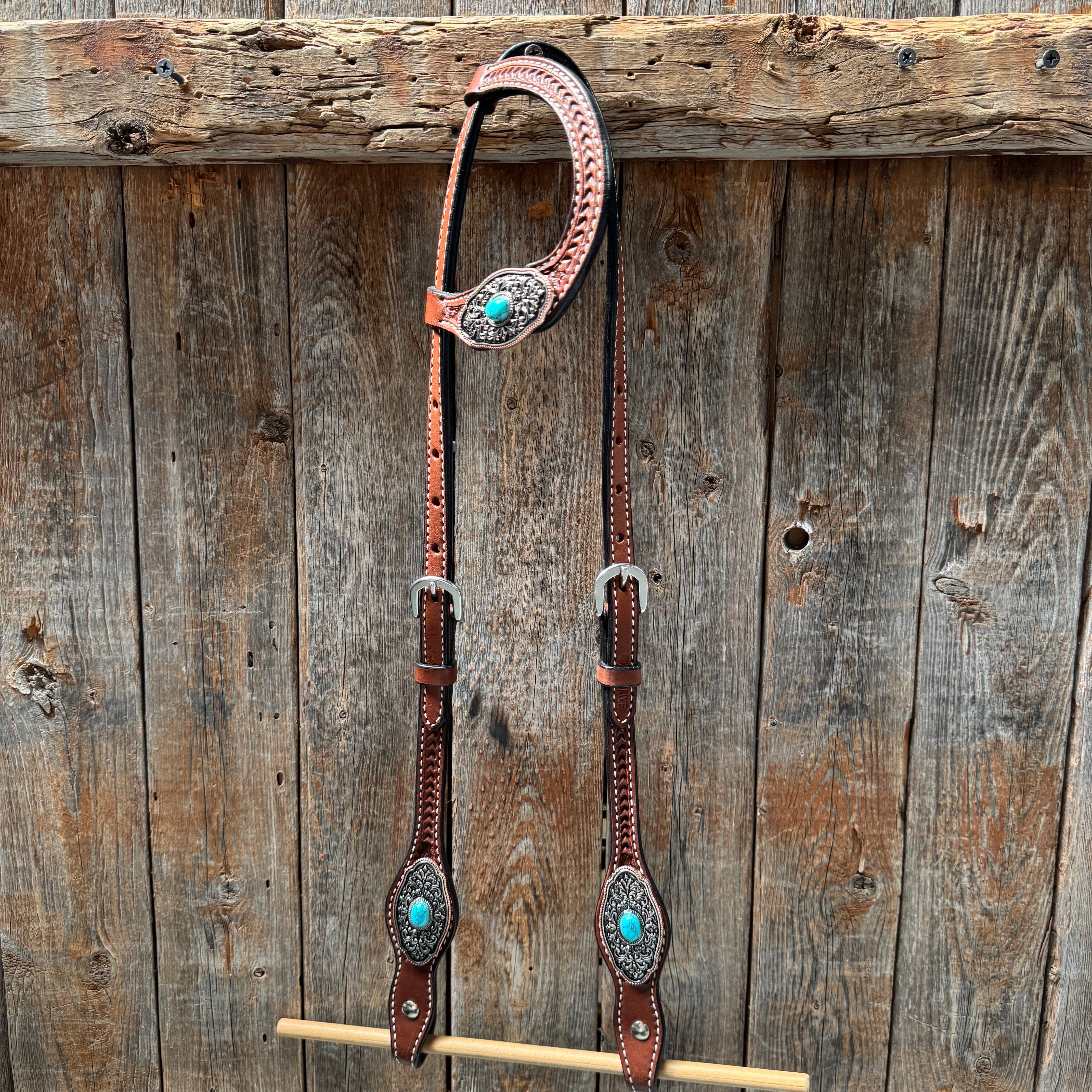 Medium Oil Basketweave Oblong Turquoise Browband | One Ear Tack Set #BBBC504