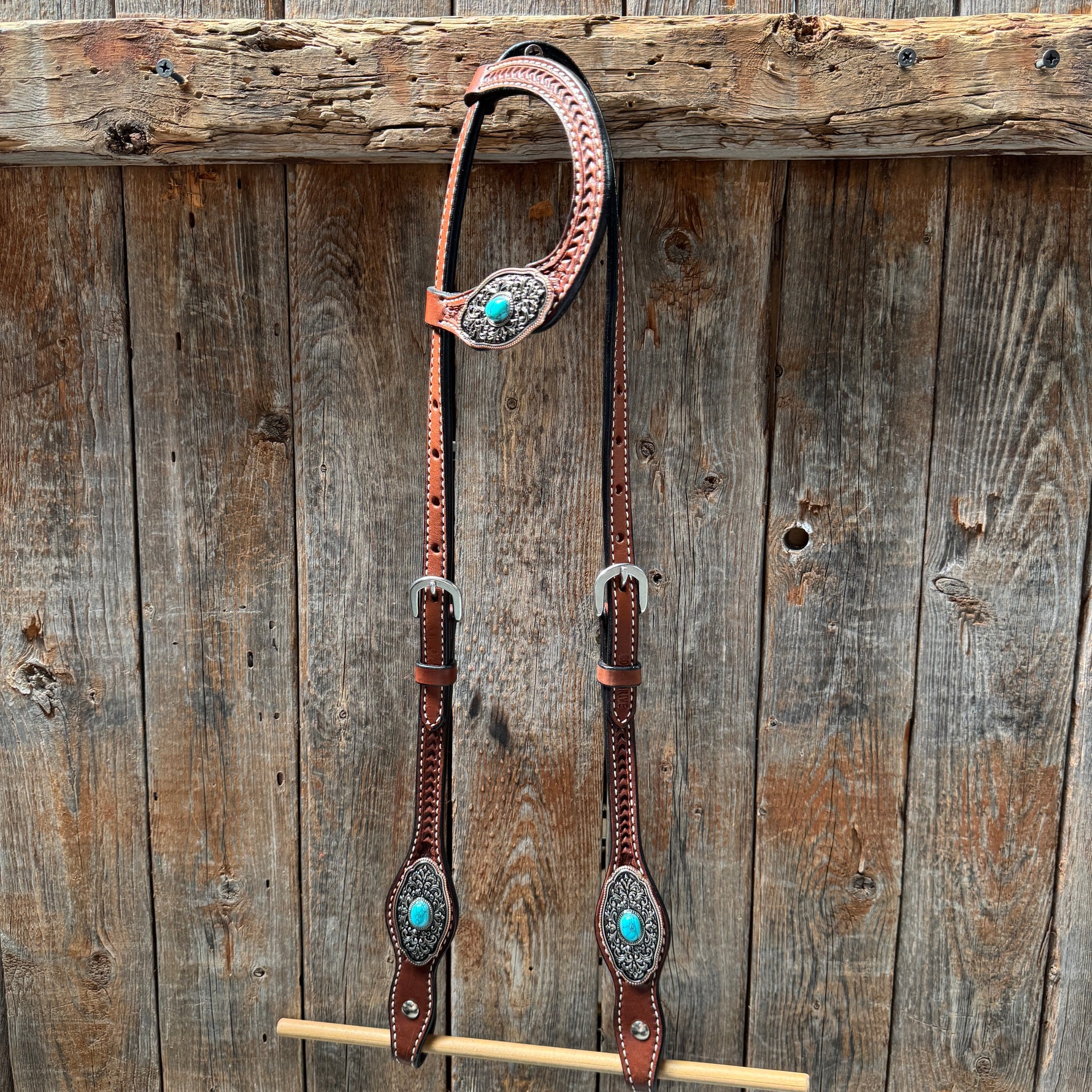Medium Oil Basketweave Oblong Turquoise Browband | One Ear Tack Set #BBBC504
