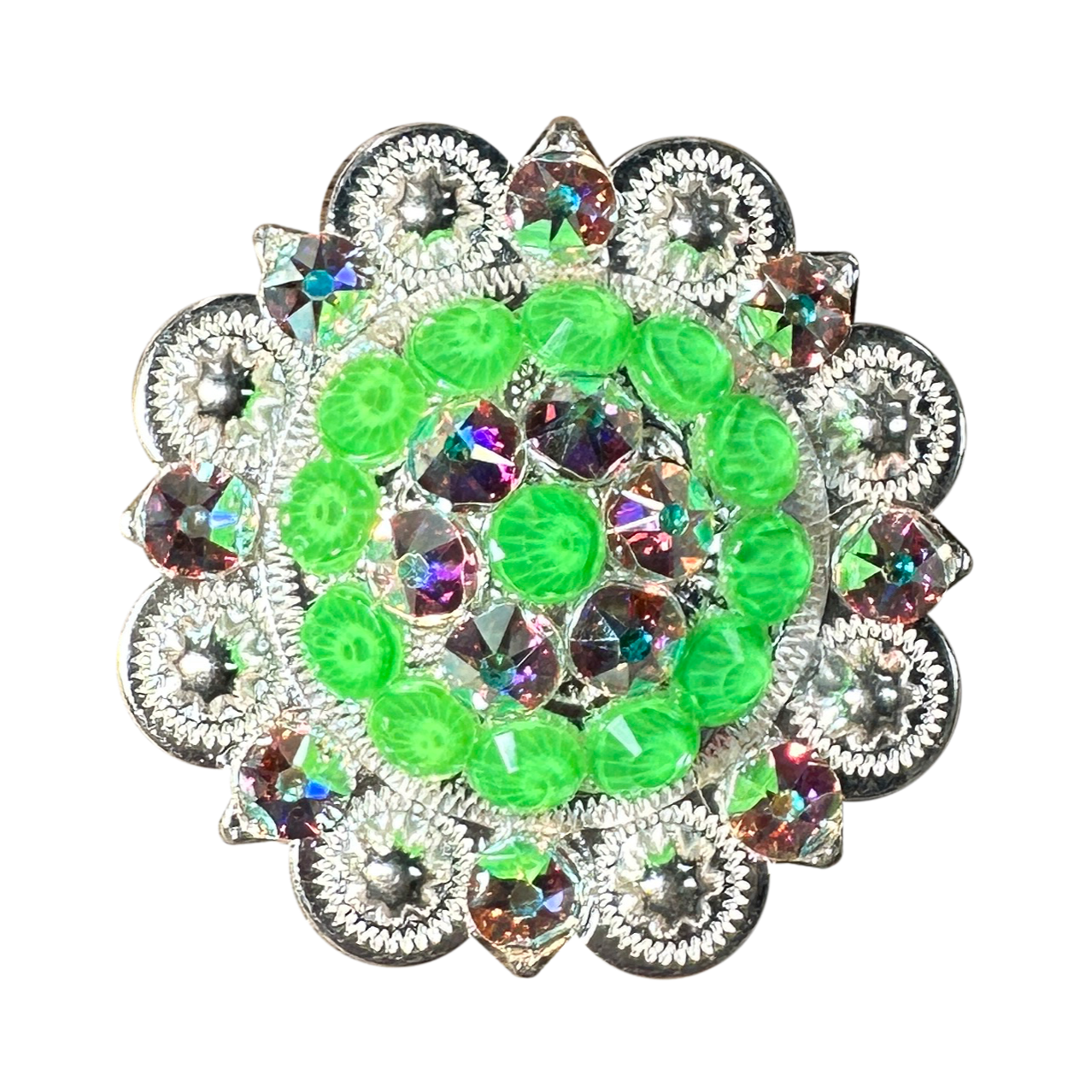 Neon Green and AB  Bright Silver 2" European Crystal Concho