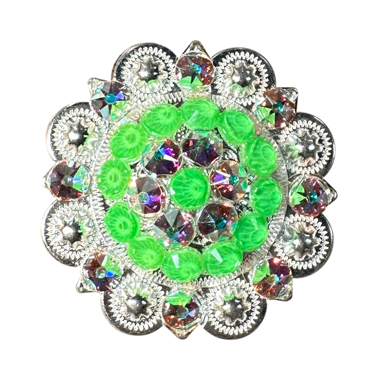 Neon Green and AB  Bright Silver 2" European Crystal Concho