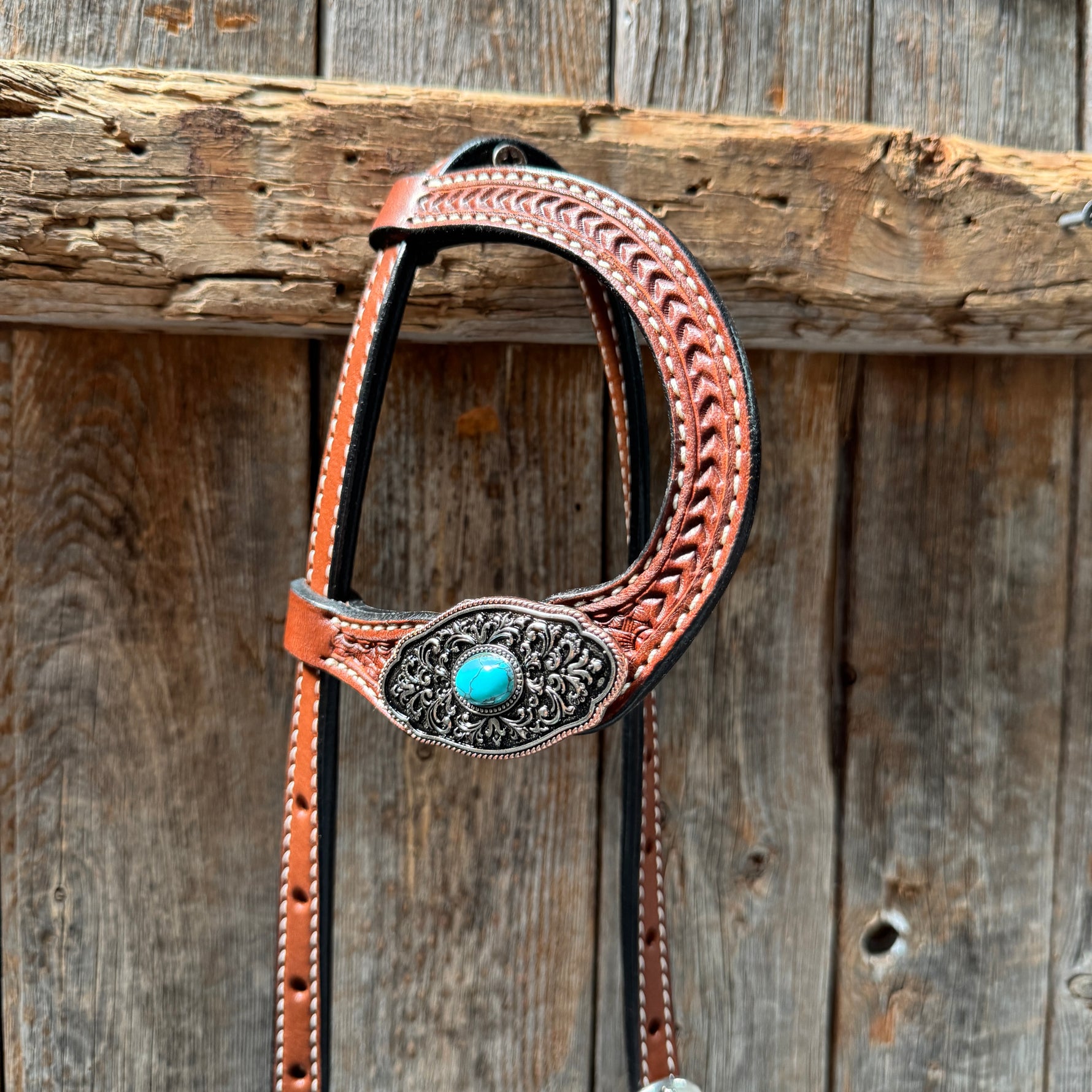 Medium Oil Basketweave Oblong Turquoise Browband | One Ear Tack Set #BBBC504